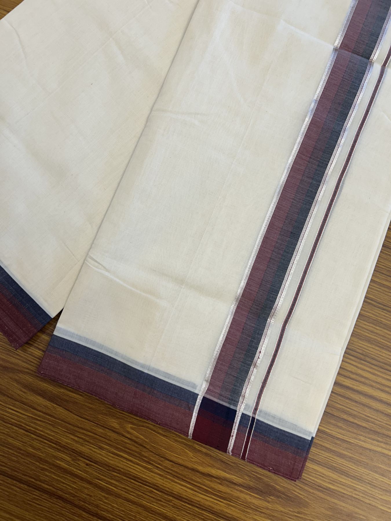 25% Discount! KaithariKada Handloom Unakkupaav Balaramapuram - Cotton Double Mundu/Dhoti Off white (Unbleached) - 100x80 - 1.75 inch Silver Kasav Maroon & Navy Blue shaded Kara - 4 meter (8.5 Muzham) - 26 KK5320 RAM