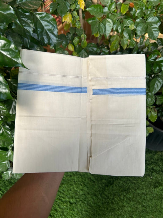 3% Discount! KaithariKada Balaramapuram 100% Cotton Single Off White - (Unbleached) Mundu/Dhoti - 100X100 - 0.5 inch Silver Kasavu Blue striped kara (2 meter / 4 muzham) - 7 KK5283 PMC
