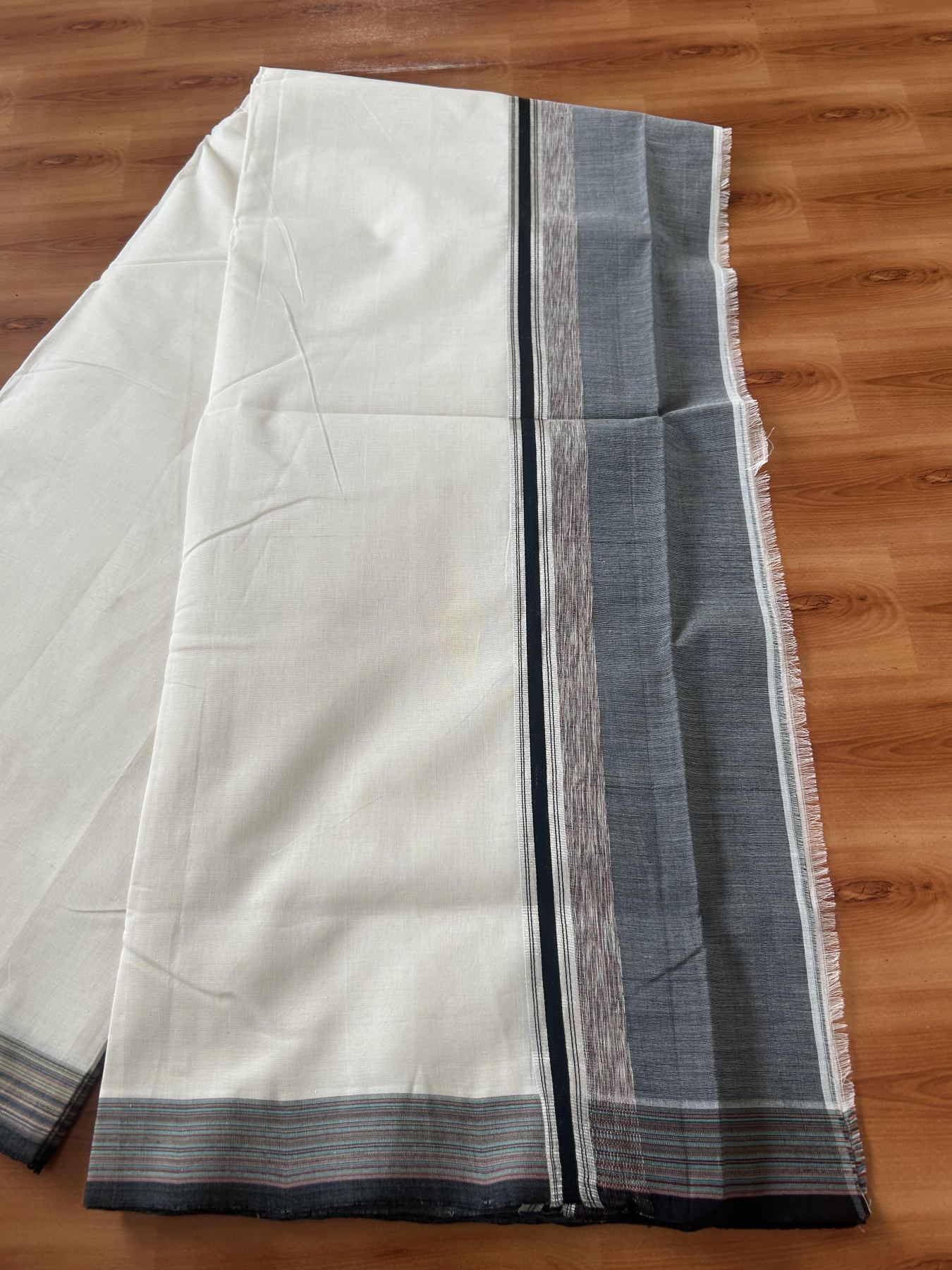 25% Discount! KaithariKada Handloom Unakkupaav Kerala Handloom - 100% Pure Cotton Off White - (Unbleached) Double Mundu/Dothi - 100 x 80 - 5.5 inch Silver Kasav Cinnamon Brown & Black,Multi Colour Side Striped Kara 4.00 meter(8.5 muzham) - 12 KK5390 REA