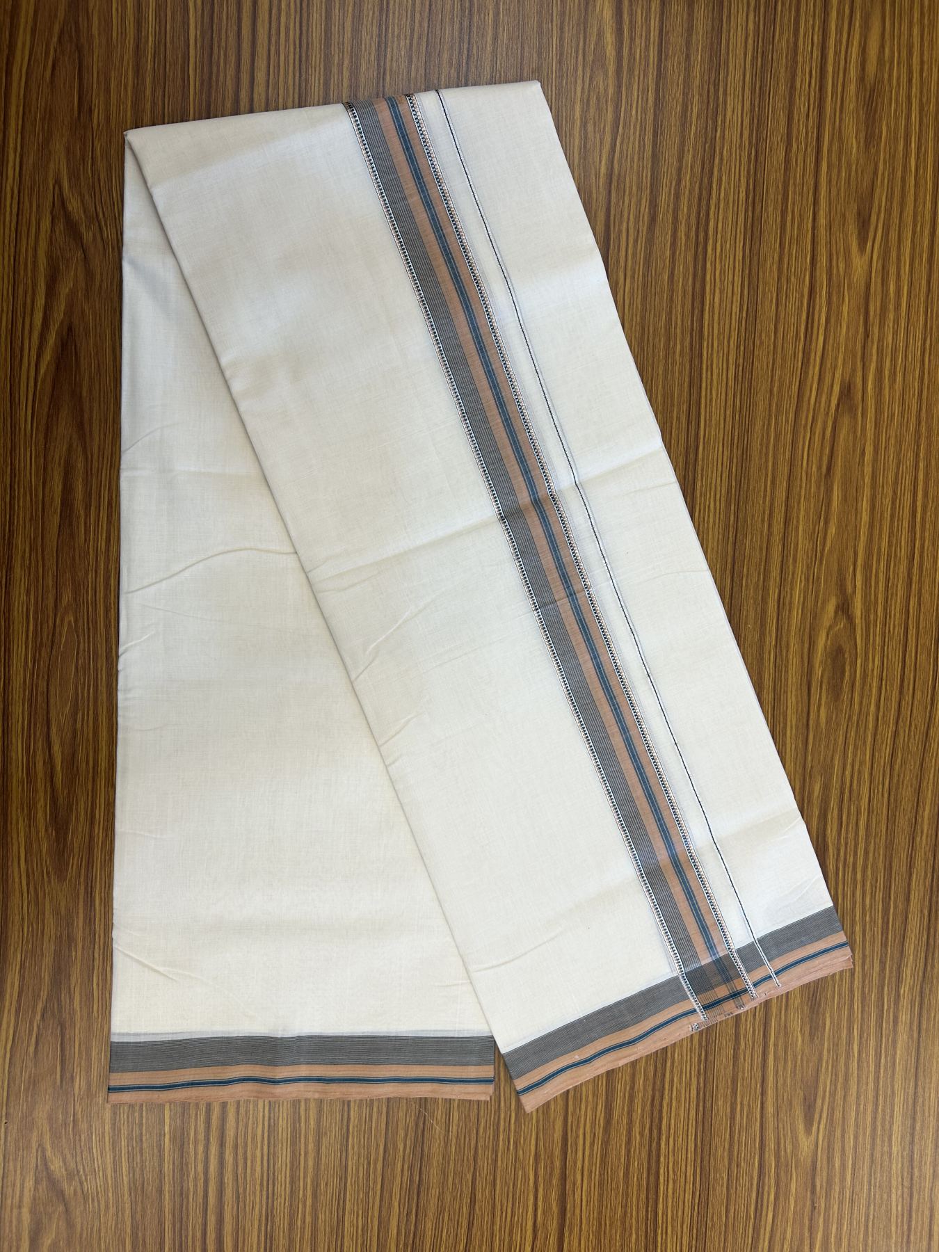 25% Discount ! Kaitharikada Handloom Unakkupaav Balaramapuram - 100% Pure Cotton Off White - (Unbleached) Double Mundu/Dhoti - 100x80 - 1.75 inch Silver Kasav Green & Cinnamon Brown Striped Kara 4 mtr (8.5 Muzham) - 33 KK5320 RAM