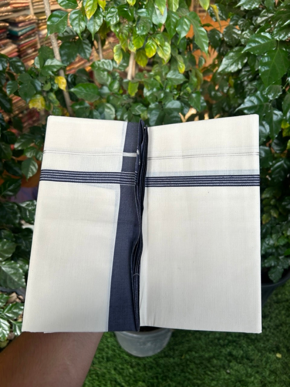 3% Discount! KaithariKada Balaramapuram 100% Cotton Single Off White - (Unbleached) Mundu/Dhoti - 100X100 - 0.5 inch Silver Kasavu Navy Blue striped kara (2 meter / 4 muzham) - 11 KK5283 PMC