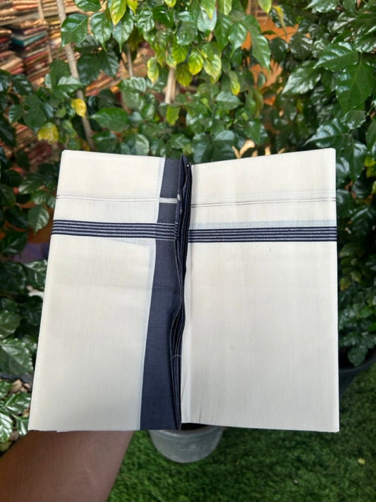 3% Discount! KaithariKada Balaramapuram 100% Cotton Single Off White - (Unbleached) Mundu/Dhoti - 100X100 - 0.5 inch Silver Kasavu Navy Blue striped kara (2 meter / 4 muzham) - 11 KK5283 PMC