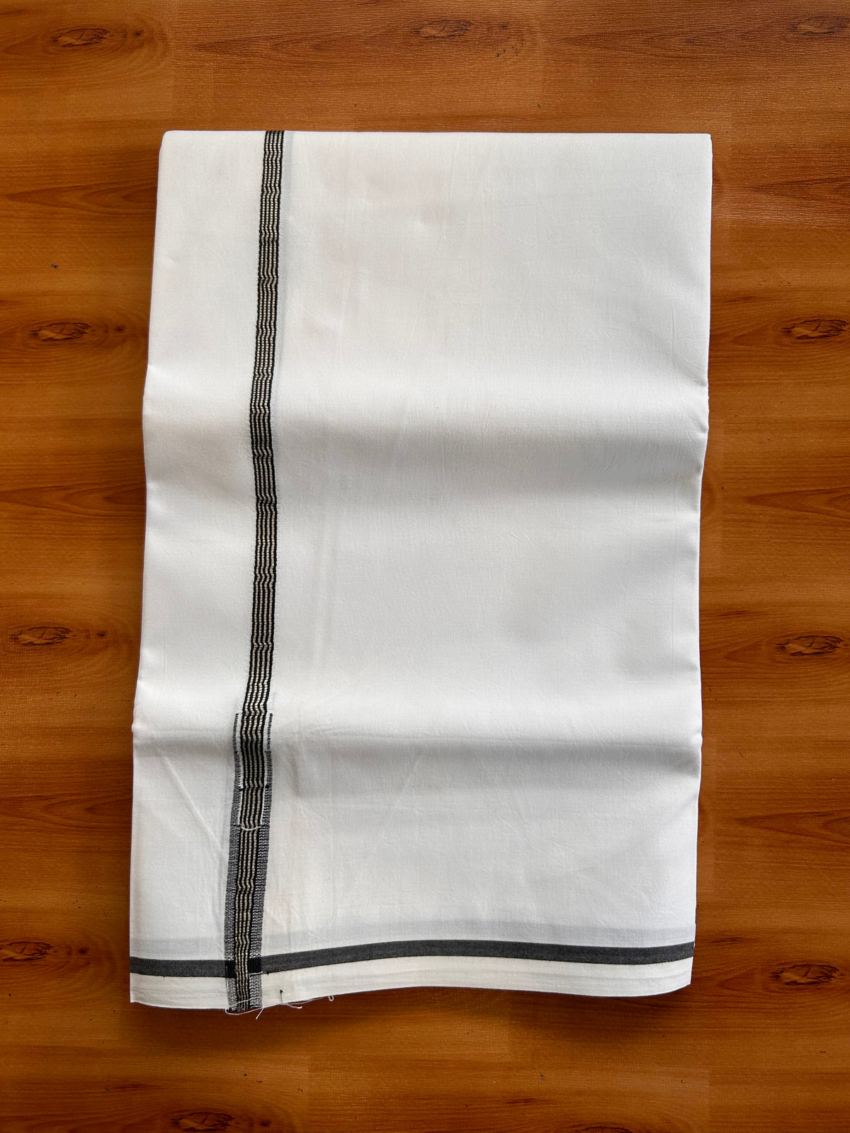 Pure White Single Mundu/Dhoti - 20% Discount! KaithariKada Pulimood 100% Cotton - 100s - 0.5 inch Puliyilakkara Silver Kasav & Black Stripes Chutty (2 meter / 4 muzham) - 30 KK5534 ASH