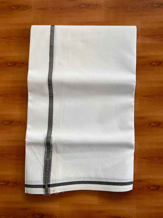 Pure White Single Mundu/Dhoti - 20% Discount! KaithariKada Pulimood 100% Cotton - 100s - 0.5 inch Puliyilakkara Silver Kasav & Black Stripes Chutty (2 meter / 4 muzham) - 30 KK5534 ASH