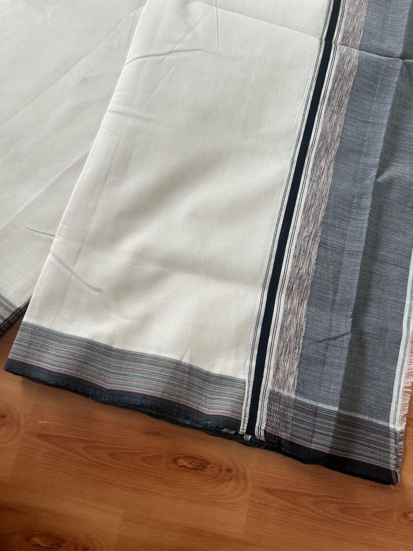 25% Discount! KaithariKada Handloom Unakkupaav Kerala Handloom - 100% Pure Cotton Off White - (Unbleached) Double Mundu/Dothi - 100 x 80 - 5.5 inch Silver Kasav Cinnamon Brown & Black,Multi Colour Side Striped Kara 4.00 meter(8.5 muzham) - 12 KK5390 REA