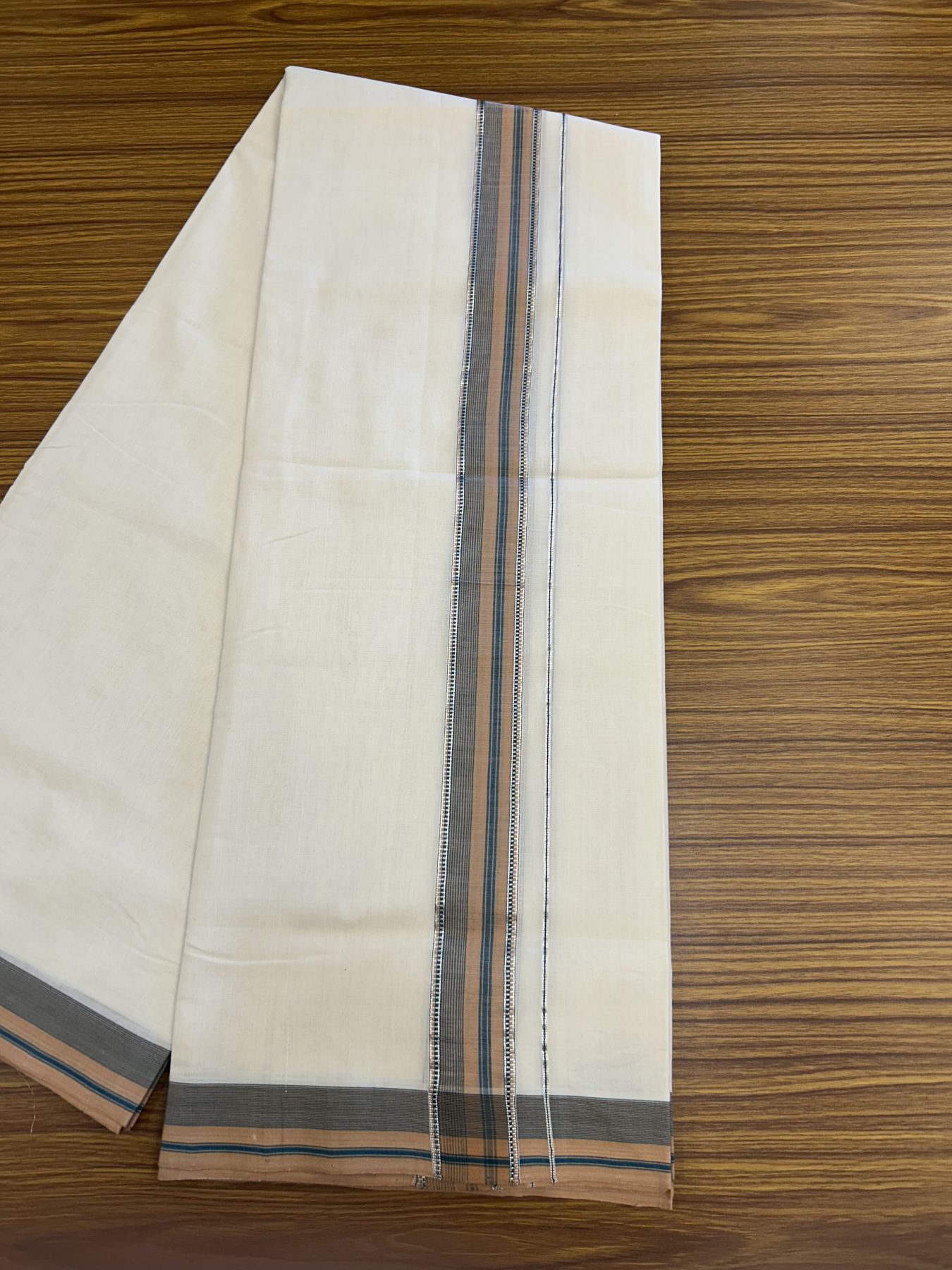 25% Discount ! Kaitharikada Handloom Unakkupaav Balaramapuram - 100% Pure Cotton Off White - (Unbleached) Double Mundu/Dhoti - 100x80 - 1.75 inch Silver Kasav Green & Cinnamon Brown Striped Kara 4 mtr (8.5 Muzham) - 33 KK5320 RAM