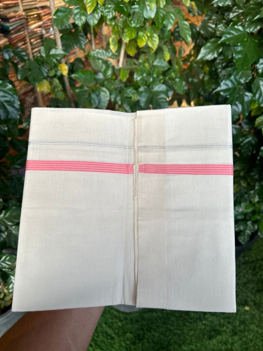 3% Discount! KaithariKada Balaramapuram 100% Cotton Single Off White - (Unbleached) Mundu/Dhoti - 100X100 - 0.5 inch Silver Kasavu Pink striped kara (2 meter / 4 muzham) - 4 KK5283 PMC