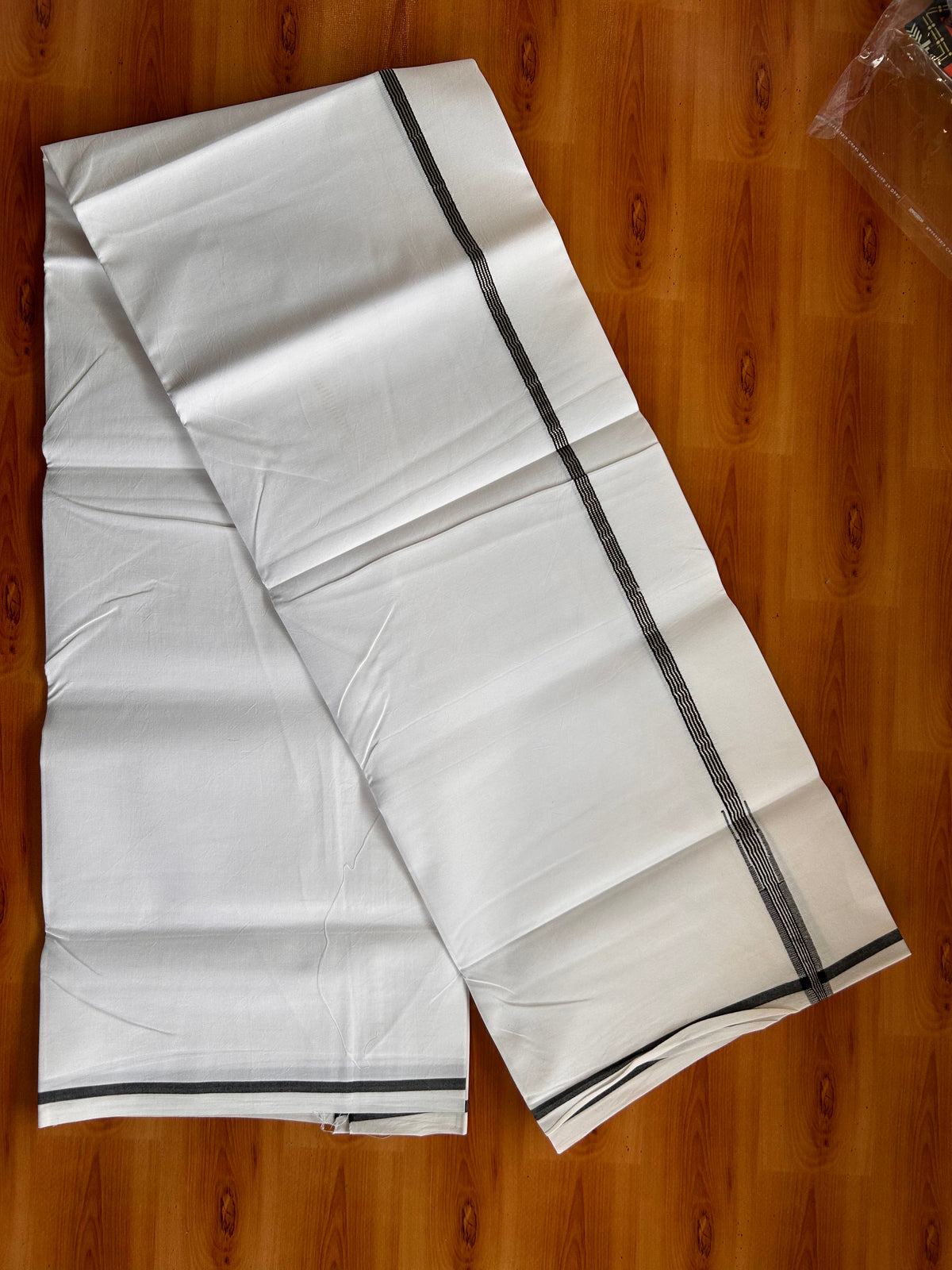 Pure White Single Mundu/Dhoti - 20% Discount! KaithariKada Pulimood 100% Cotton - 100s - 0.5 inch Puliyilakkara Silver Kasav & Black Stripes Chutty (2 meter / 4 muzham) - 30 KK5534 ASH