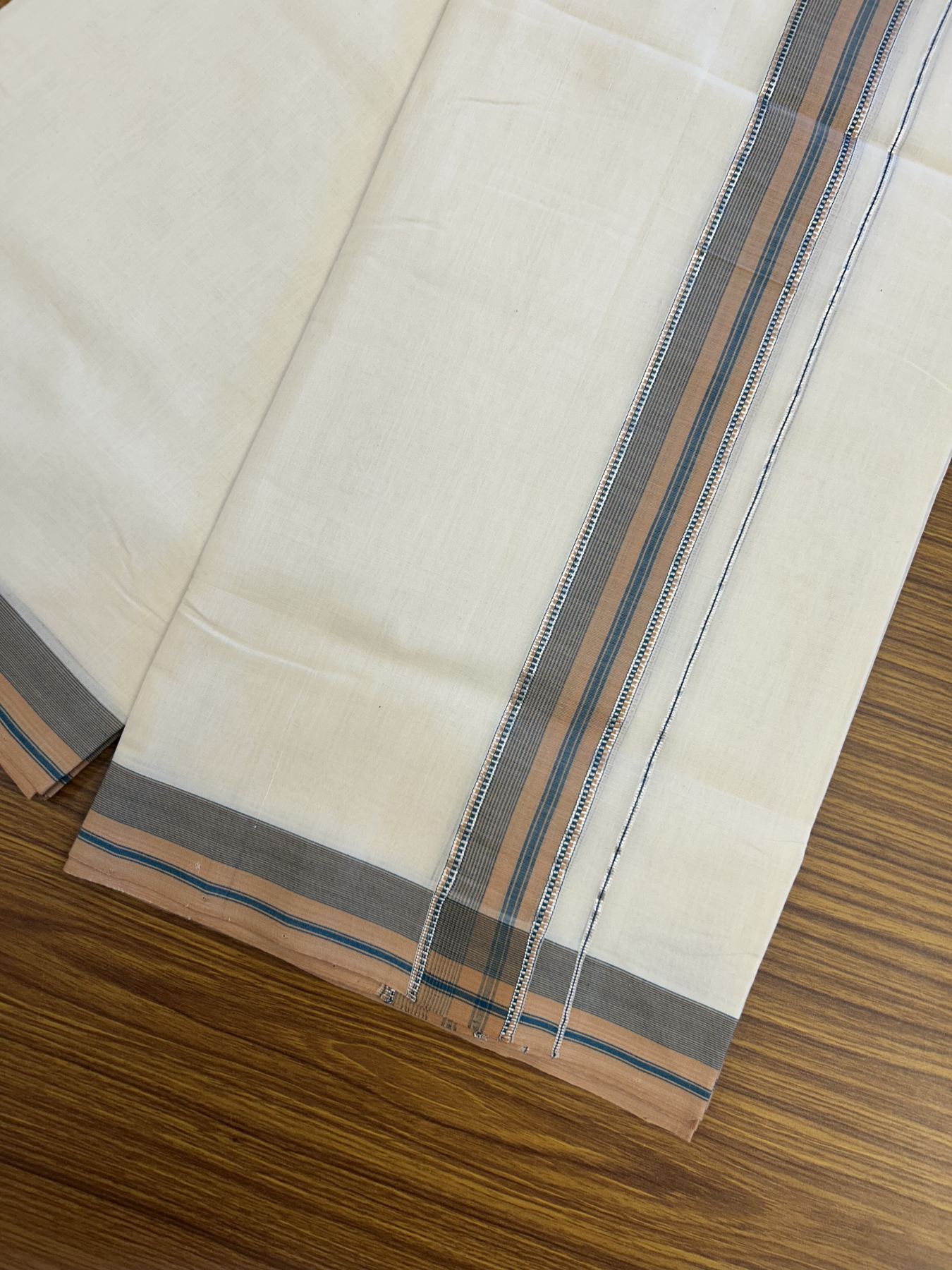 25% Discount ! Kaitharikada Handloom Unakkupaav Balaramapuram - 100% Pure Cotton Off White - (Unbleached) Double Mundu/Dhoti - 100x80 - 1.75 inch Silver Kasav Green & Cinnamon Brown Striped Kara 4 mtr (8.5 Muzham) - 33 KK5320 RAM