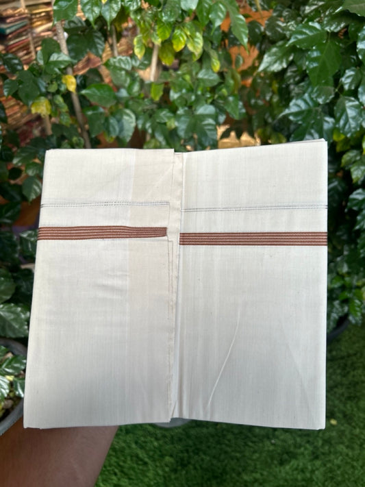 3% Discount! KaithariKada Balaramapuram 100% Cotton Single Off White - (Unbleached) Mundu/Dhoti - 100X100 - 0.5 inch Silver Kasavu Brown striped kara (2 meter / 4 muzham) - 3 KK5283 PMC