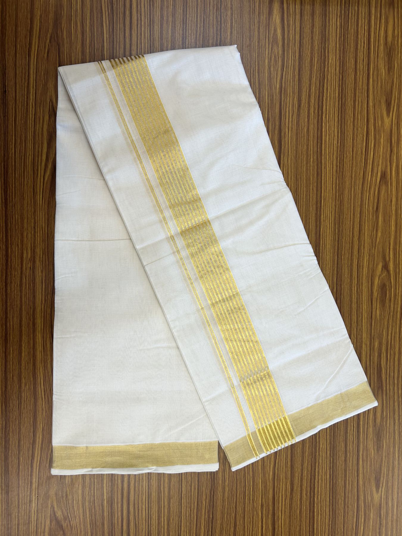 25% Discount! KaithariKada Handloom Millpaav Balaramapuram - Cotton Double Mundu/Dhoti Off white (Unbleached) - 80x90 - 2 inch Kasav striped Kara - 4 meter (8.5 Muzham) - 23 KK5320 RAM