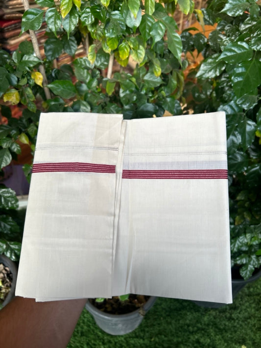 3% Discount! KaithariKada Balaramapuram 100% Cotton Single Off White - (Unbleached) Mundu/Dhoti - 100X100 - 0.5 inch Silver Kasavu Maroon striped kara (2 meter / 4 muzham) - 6 KK5283 PMC