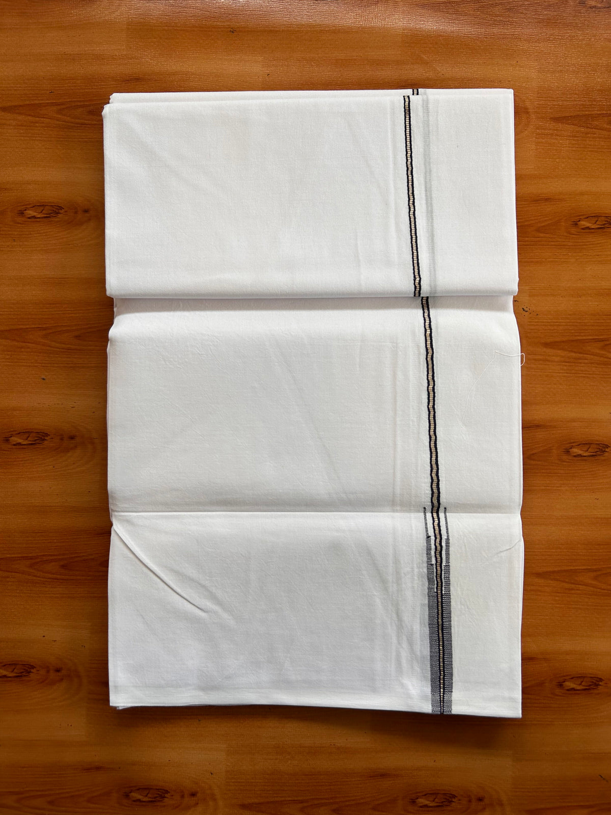 Pure White Single Mundu/Dhoti - 20% Discount! KaithariKada Pulimood 100% Cotton - 100s - 0.5 cm Puliyilakkara Silver Kasav & Navy Blue Chutty (2 meter / 4 muzham) - 29 KK5534 ASH