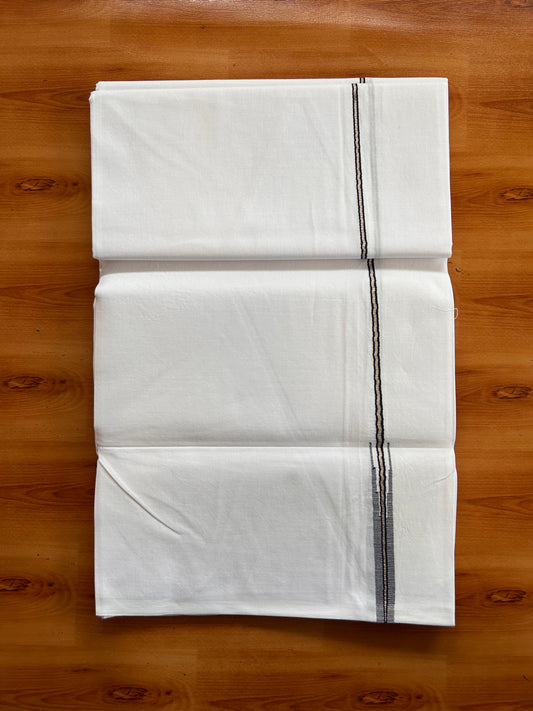 Pure White Single Mundu/Dhoti - 20% Discount! KaithariKada Pulimood 100% Cotton - 100s - 0.5 cm Puliyilakkara Silver Kasav & Navy Blue Chutty (2 meter / 4 muzham) - 29 KK5534 ASH