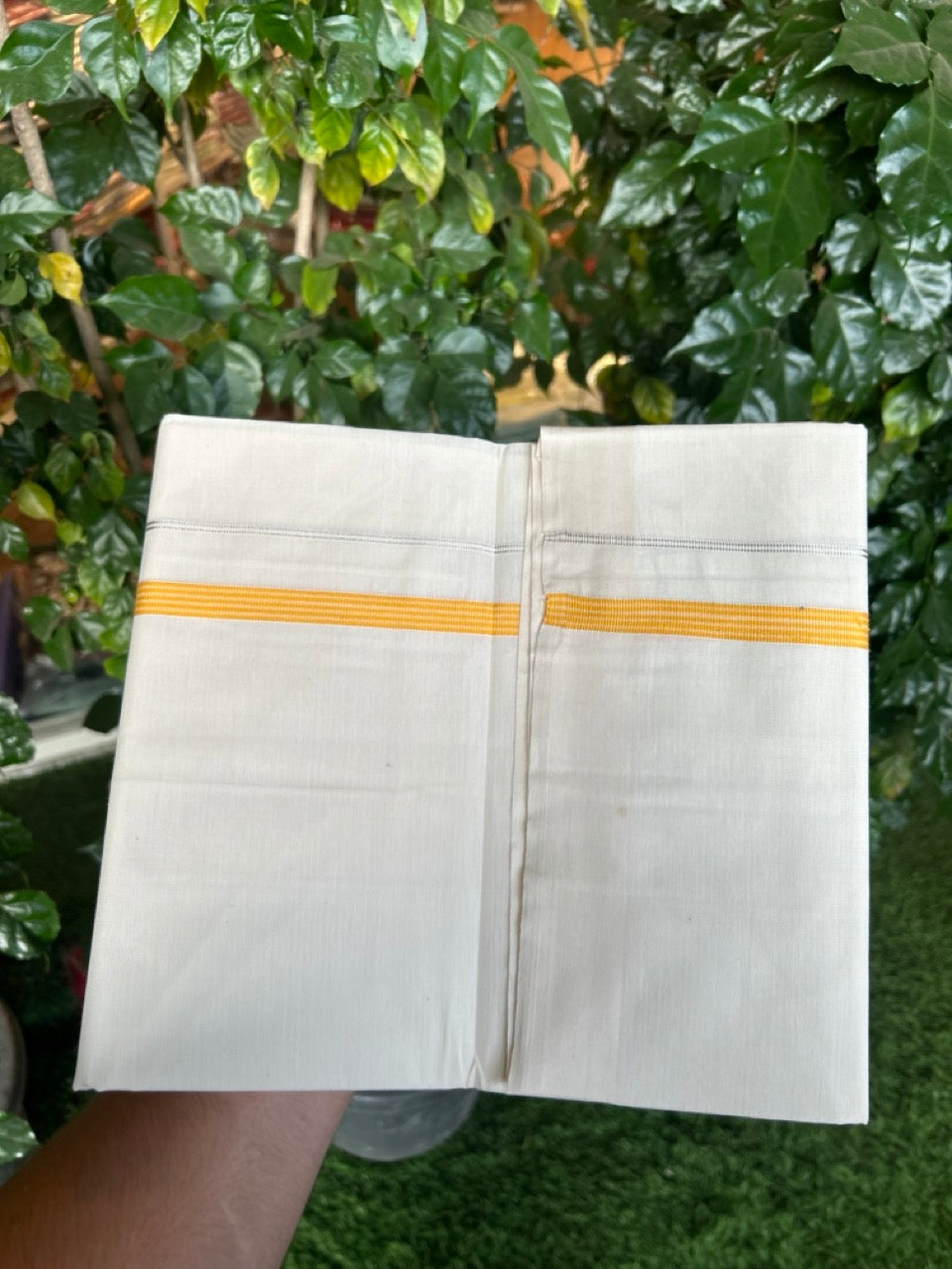 3% Discount! KaithariKada Balaramapuram 100% Cotton Single Off White - (Unbleached) Mundu/Dhoti - 100X100 - 0.5 inch Silver Kasavu Yellow Orange striped kara (2 meter / 4 muzham) - 5 KK5283 PMC