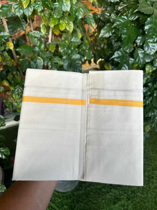 3% Discount! KaithariKada Balaramapuram 100% Cotton Single Off White - (Unbleached) Mundu/Dhoti - 100X100 - 0.5 inch Silver Kasavu Yellow Orange striped kara (2 meter / 4 muzham) - 5 KK5283 PMC