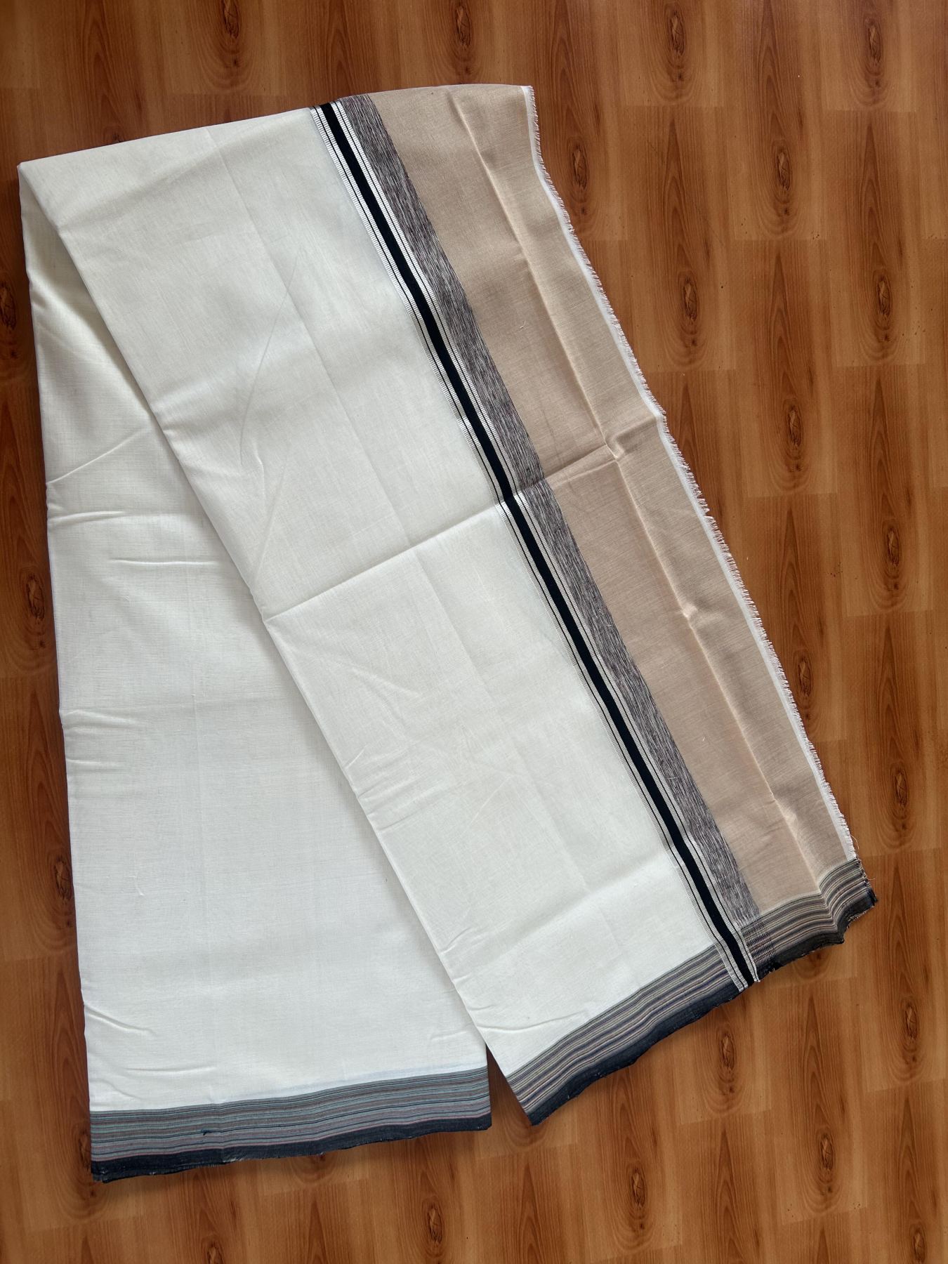 25% Discount! KaithariKada Handloom Unakkupaav Kerala Handloom - 100% Pure Cotton Off White - (Unbleached) Double Mundu/Dothi - 100 x 80 - 4.5 inch Silver Kasav Light Brown & Black,Multi Colour Side Striped Kara 4.00 meter (8.5 muzham) - 9 KK5390 REA