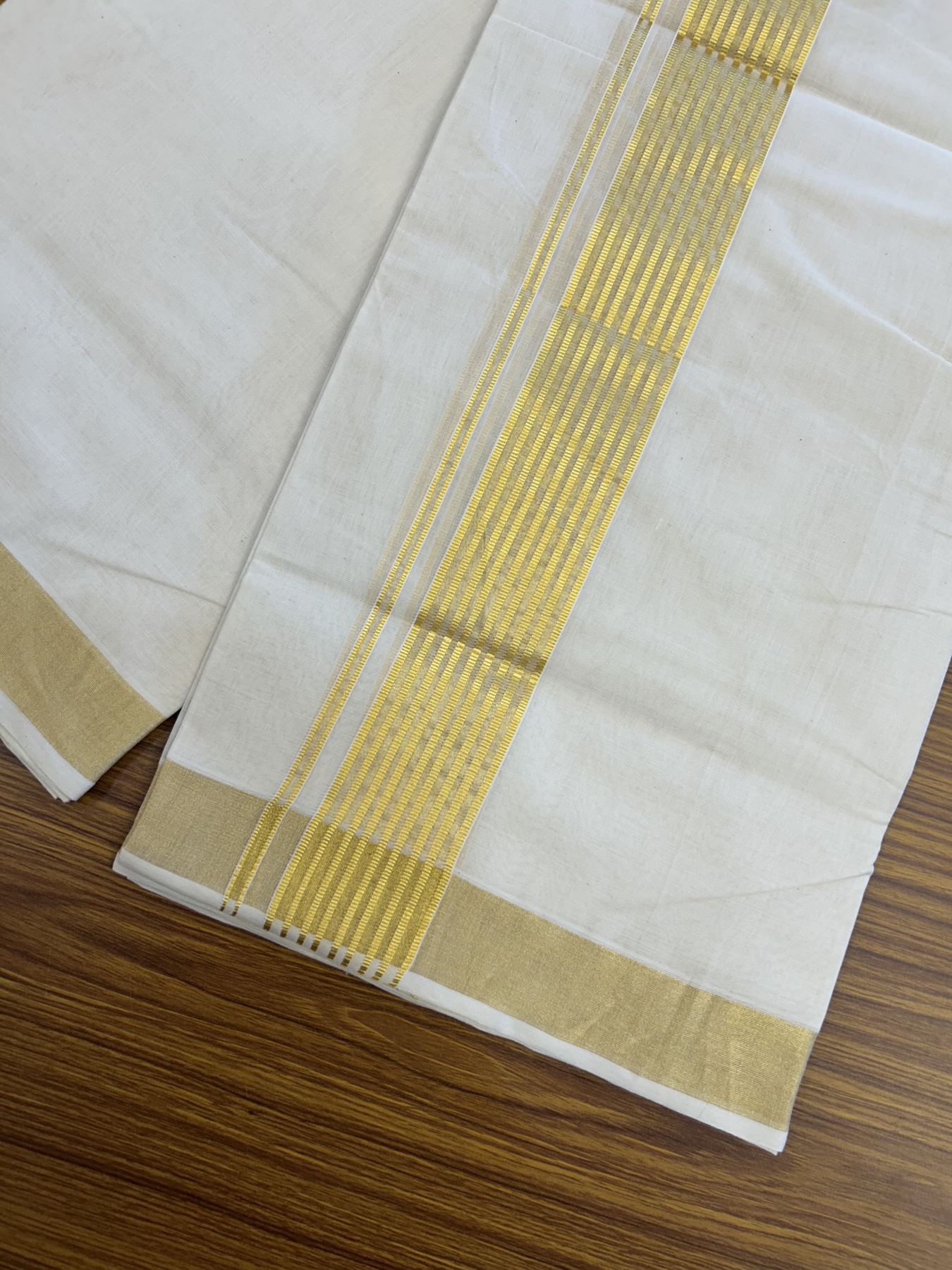 25% Discount! KaithariKada Handloom Millpaav Balaramapuram - Cotton Double Mundu/Dhoti Off white (Unbleached) - 80x90 - 2 inch Kasav striped Kara - 4 meter (8.5 Muzham) - 23 KK5320 RAM