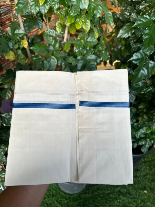 3% Discount! KaithariKada Balaramapuram 100% Cotton Single Off White - (Unbleached) Mundu/Dhoti - 100X100 - 0.5 inch Silver Kasavu Dark Blue striped kara (2 meter / 4 muzham) - 9 KK5283 PMC