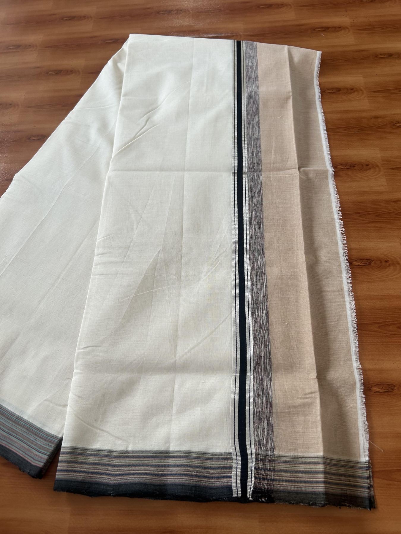 25% Discount! KaithariKada Handloom Unakkupaav Kerala Handloom - 100% Pure Cotton Off White - (Unbleached) Double Mundu/Dothi - 100 x 80 - 4.5 inch Silver Kasav Light Brown & Black,Multi Colour Side Striped Kara 4.00 meter (8.5 muzham) - 9 KK5390 REA