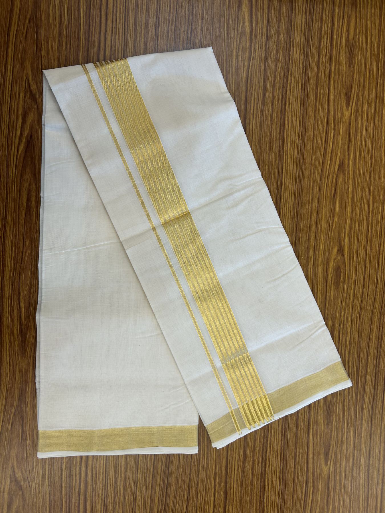 25% Discount! KaithariKada Handloom Millpaav Balaramapuram - Cotton Double Mundu/Dhoti Off white (Unbleached) - 80x90 - 2 inch Kasav striped Kara - 4 meter (8.5 Muzham) - 22 KK5320 RAM