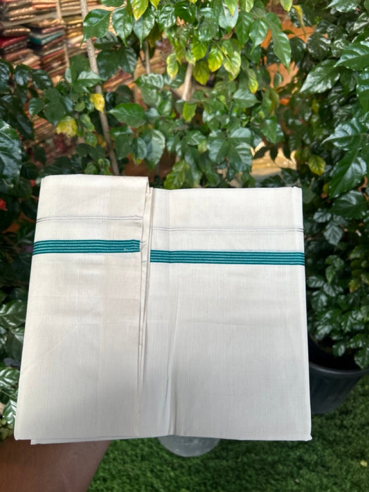 3% Discount! KaithariKada Balaramapuram 100% Cotton Single Off White - (Unbleached) Mundu/Dhoti - 100X100 - 0.5 inch Silver Kasavu Peacock Green striped kara (2 meter / 4 muzham) - 10 KK5283 PMC