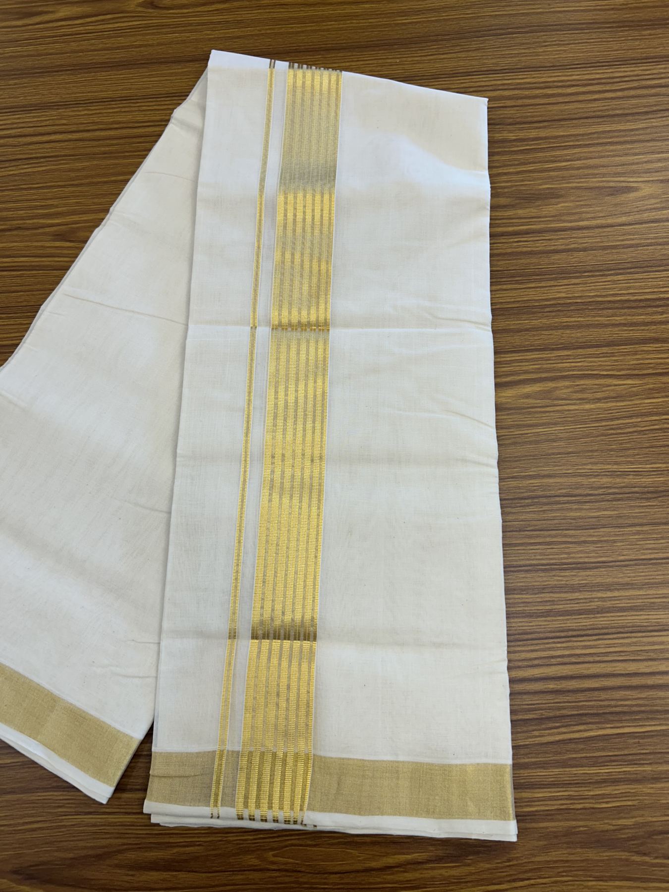 25% Discount! KaithariKada Handloom Millpaav Balaramapuram - Cotton Double Mundu/Dhoti Off white (Unbleached) - 80x90 - 2 inch Kasav striped Kara - 4 meter (8.5 Muzham) - 22 KK5320 RAM