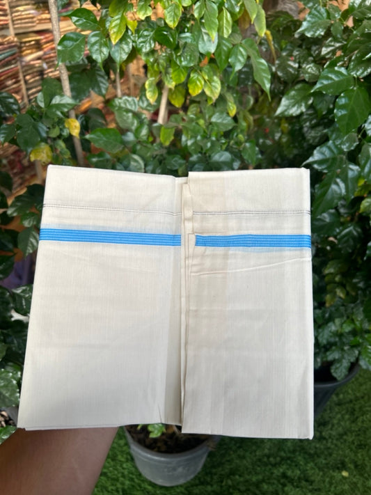 3% Discount! KaithariKada Balaramapuram 100% Cotton Single Off White - (Unbleached) Mundu/Dhoti - 100X100 - 0.5 inch Silver Kasavu Sky Blue striped kara (2 meter / 4 muzham) - 8 KK5283 PMC
