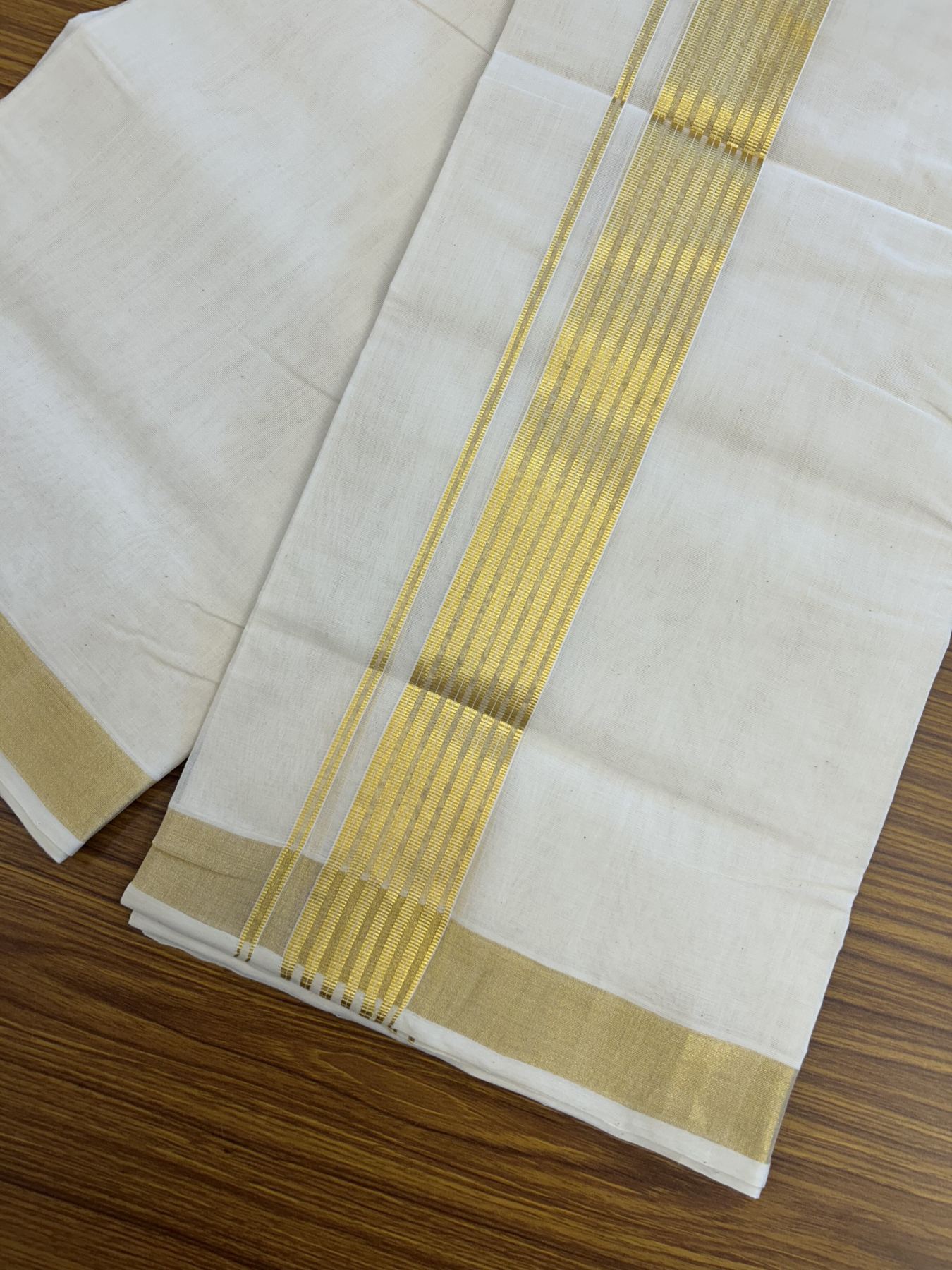 25% Discount! KaithariKada Handloom Millpaav Balaramapuram - Cotton Double Mundu/Dhoti Off white (Unbleached) - 80x90 - 2 inch Kasav striped Kara - 4 meter (8.5 Muzham) - 22 KK5320 RAM