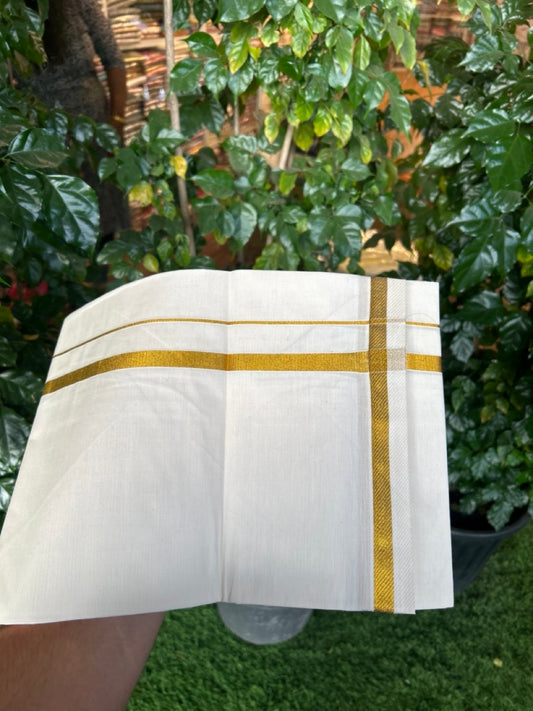 KaithariKada Balaramapuram 100% Cotton Single Off White - (Unbleached) Mundu/Dhoti - 100X100 - 0.5 inch Kasavu Kara (2 meter / 4 muzham) - 1 KK5283 PMC