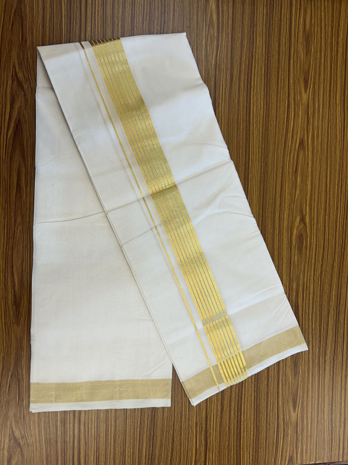 25% Discount! KaithariKada Handloom Millpaav Balaramapuram - Cotton Double Mundu/Dhoti Off white (Unbleached) - 80x90 - 2 inch Kasav striped Kara - 4 meter (8.5 Muzham) - 24 KK5320 RAM