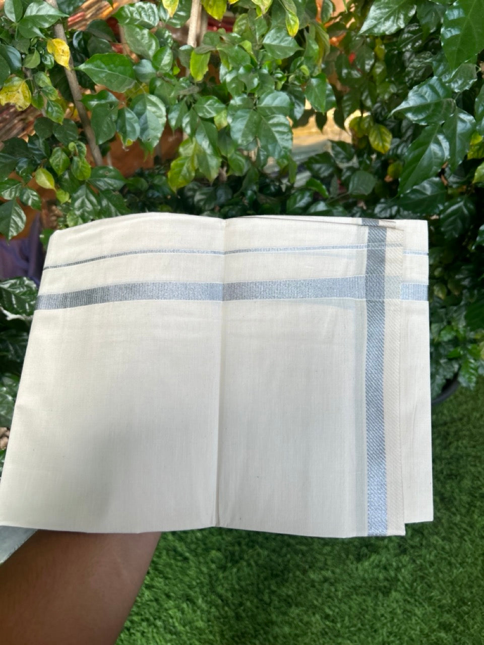 KaithariKada Balaramapuram 100% Cotton Single Off White - (Unbleached) Mundu/Dhoti - 100X100 - 0.5 inch Silver Kasavu Kara (2 meter / 4 muzham) - 2 KK5283 PMC