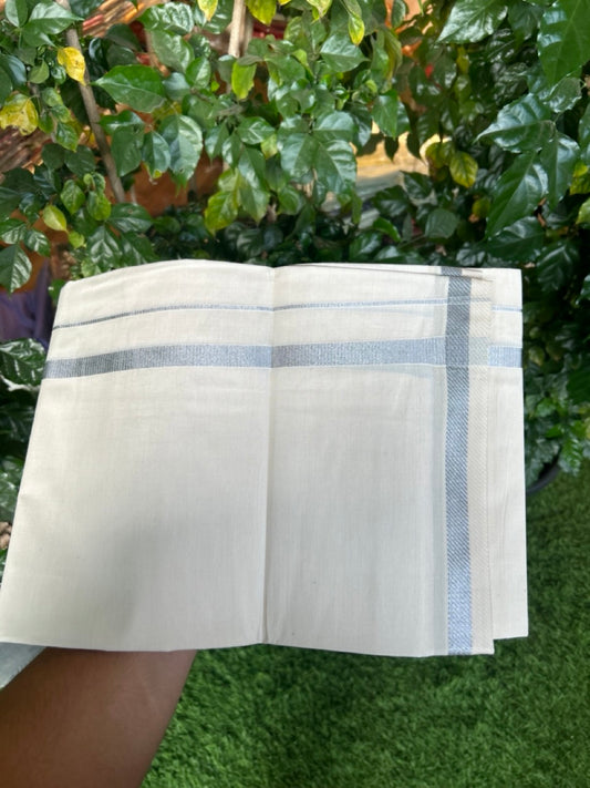 KaithariKada Balaramapuram 100% Cotton Single Off White - (Unbleached) Mundu/Dhoti - 100X100 - 0.5 inch Silver Kasavu Kara (2 meter / 4 muzham) - 2 KK5283 PMC