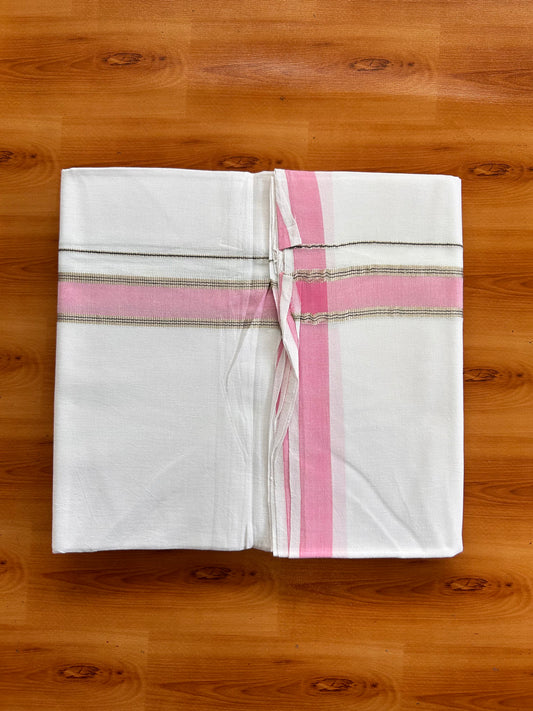 Single Pure White Mundu/Dhoti - 25% Discount ! KaithariKada Pulimood 100% Cotton Kerala Handloom - 1.25 inch Silver Kasav Pink & Blue Striped Kara (2 meter / 4 muzham) - 26 KK5534 KAI