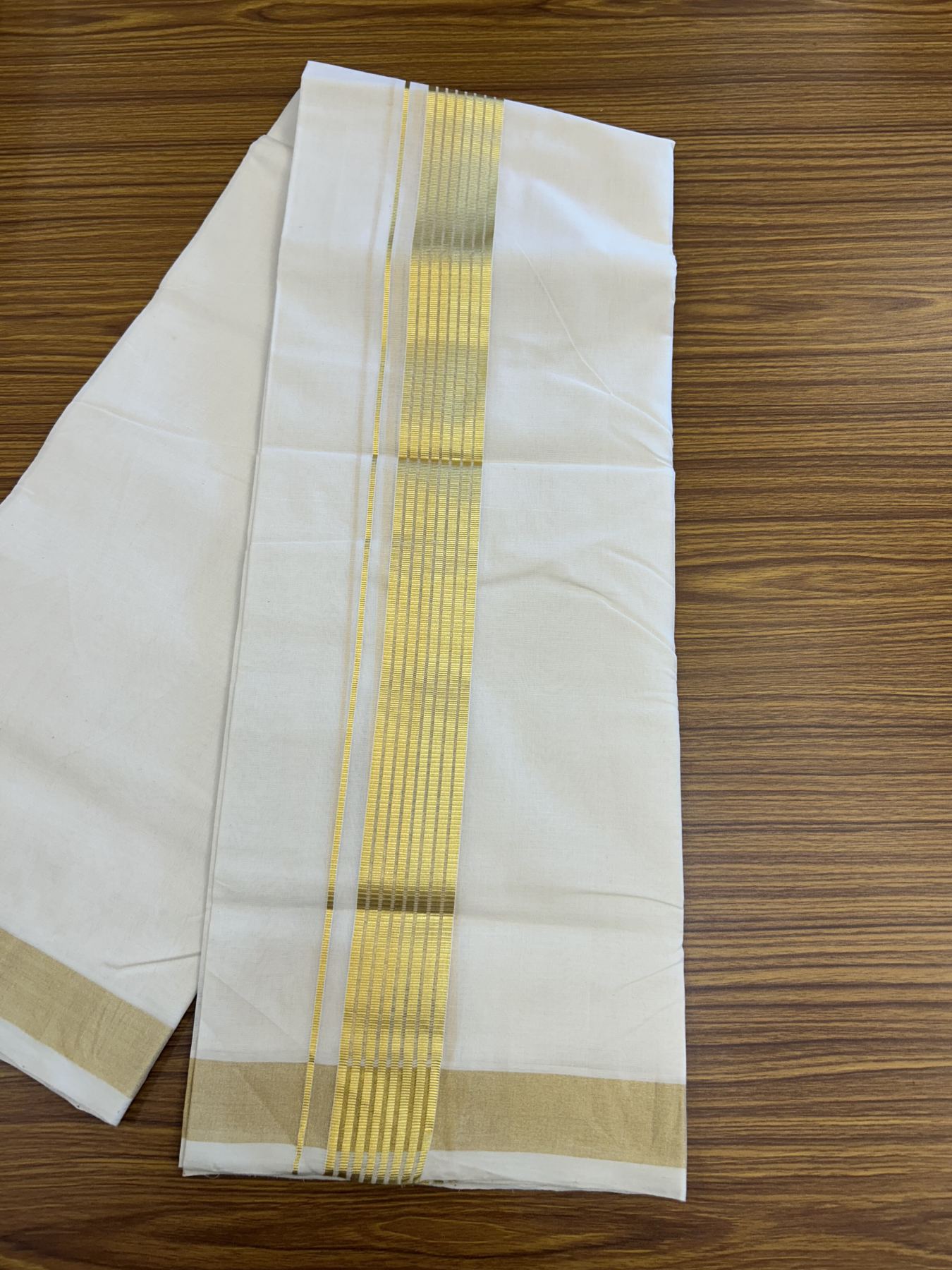 25% Discount! KaithariKada Handloom Millpaav Balaramapuram - Cotton Double Mundu/Dhoti Off white (Unbleached) - 80x90 - 2 inch Kasav striped Kara - 4 meter (8.5 Muzham) - 24 KK5320 RAM