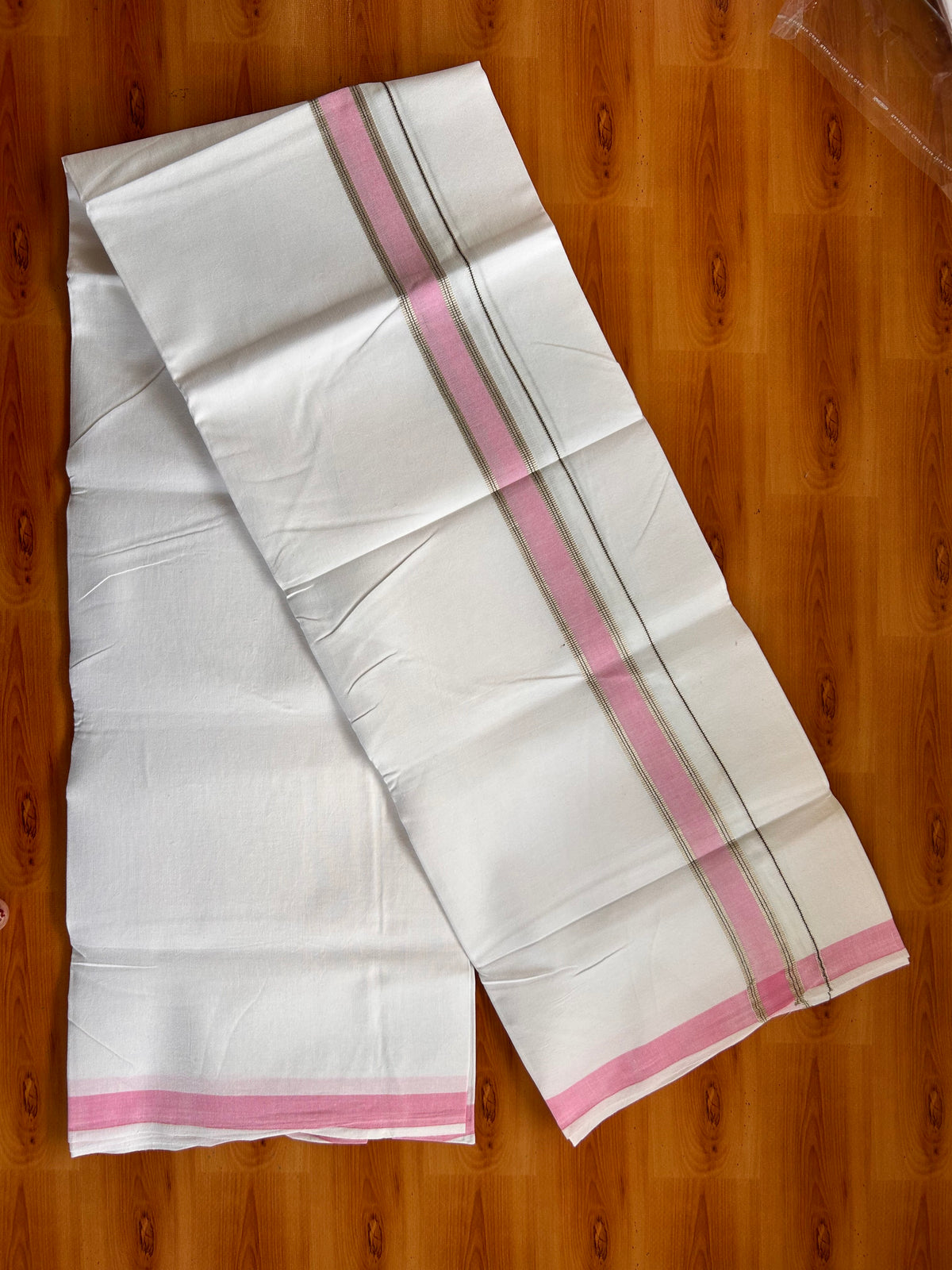 Single Pure White Mundu/Dhoti - 25% Discount ! KaithariKada Pulimood 100% Cotton Kerala Handloom - 1.25 inch Silver Kasav Pink & Blue Striped Kara (2 meter / 4 muzham) - 26 KK5534 KAI