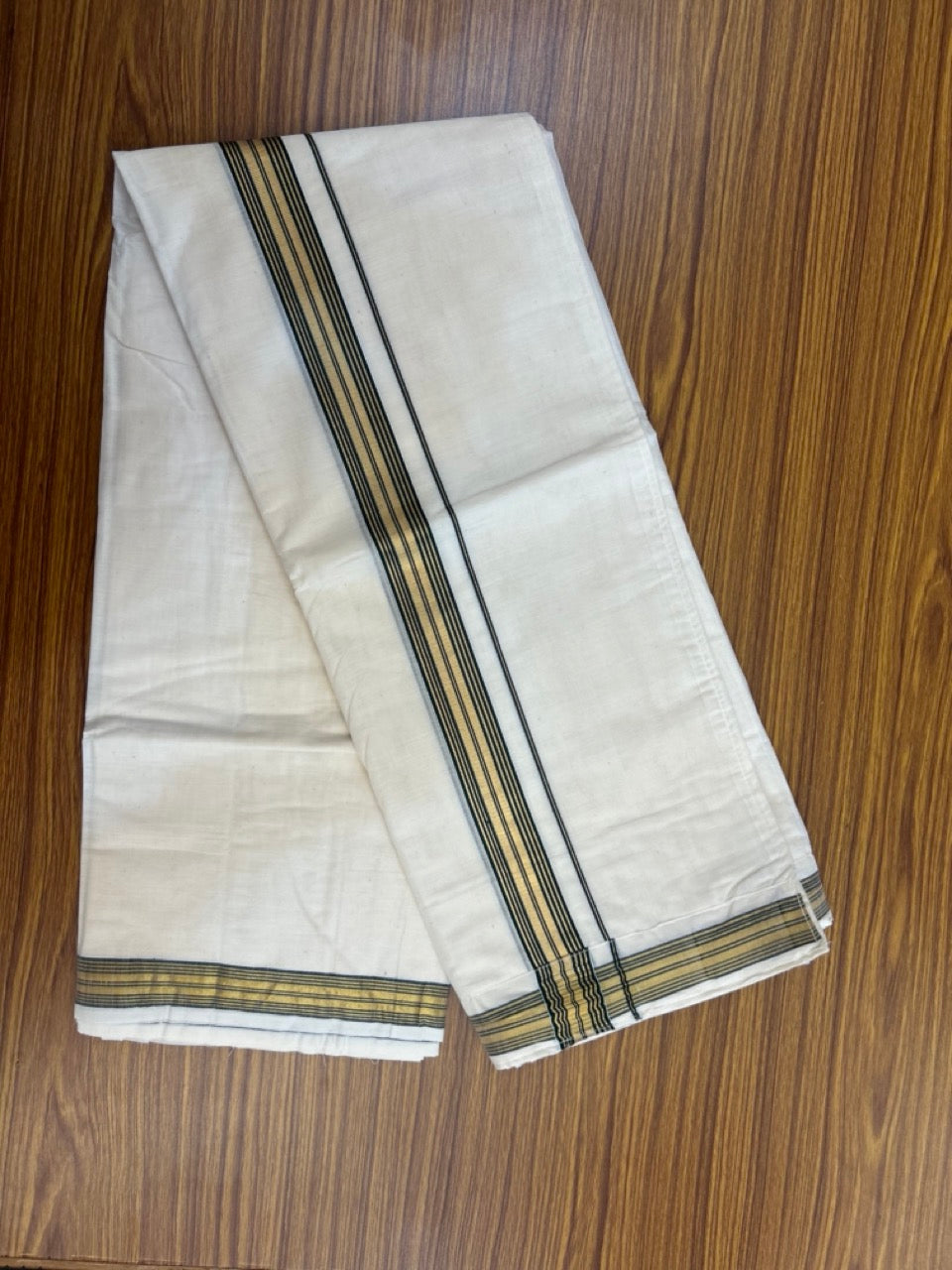 20% Discount ! KaithariKada Balaramapuram Mixed Cotton Double Off white - (Ubleached) Mundu/Dhoti  VELCRO Mundu/Dhoti  - (80s) -  1.25 inch Gold Kasavu & Green Striped kara 4mtr (8.5 muzham) -1 KK5284 PMC