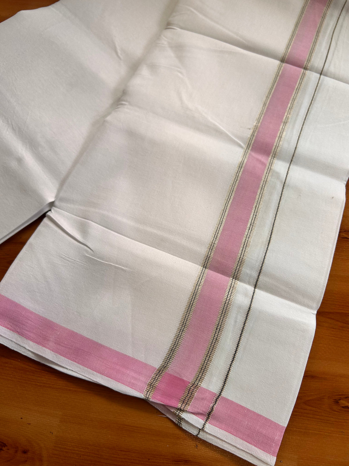 Single Pure White Mundu/Dhoti - 25% Discount ! KaithariKada Pulimood 100% Cotton Kerala Handloom - 1.25 inch Silver Kasav Pink & Blue Striped Kara (2 meter / 4 muzham) - 26 KK5534 KAI