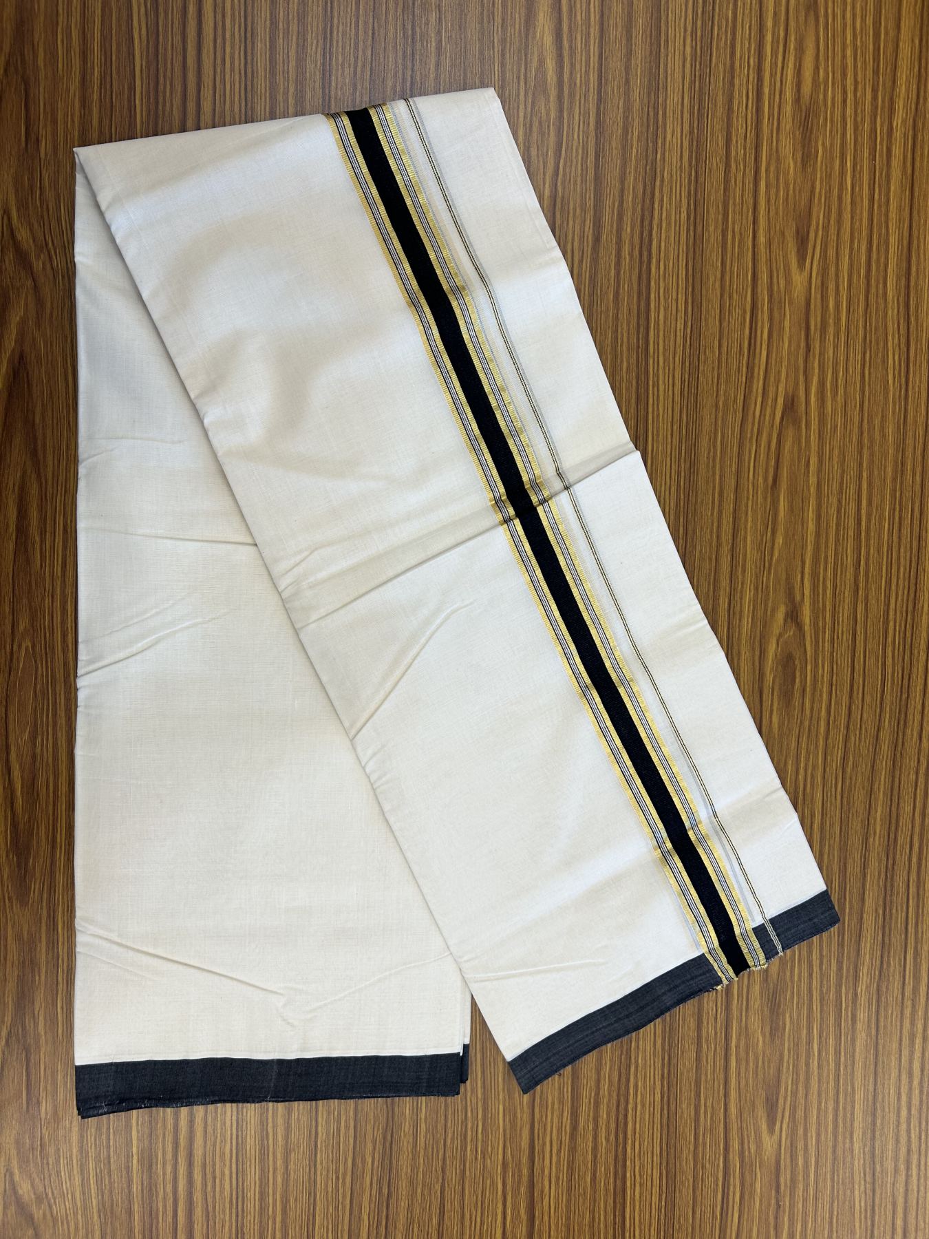 25% Discount ! Kaitharikada Handloom  Millpaav Balaramapuram - 100% Pure Cotton Off White - (Unbleached) Double Mundu/Dhoti - 80x90 - 1.75 inch Gold Kasav & Silver Kasav Black Striped Kara 4 mtr (8.5 Muzham) - 1 KK5320 RAM