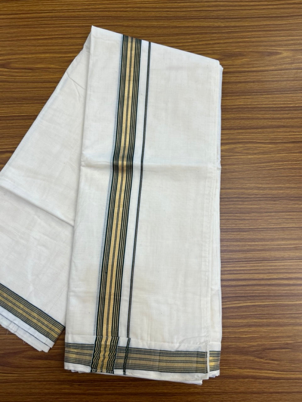 20% Discount ! KaithariKada Balaramapuram Mixed Cotton Double Off white - (Ubleached) Mundu/Dhoti  VELCRO Mundu/Dhoti  - (80s) -  1.25 inch Gold Kasavu & Green Striped kara 4mtr (8.5 muzham) -1 KK5284 PMC
