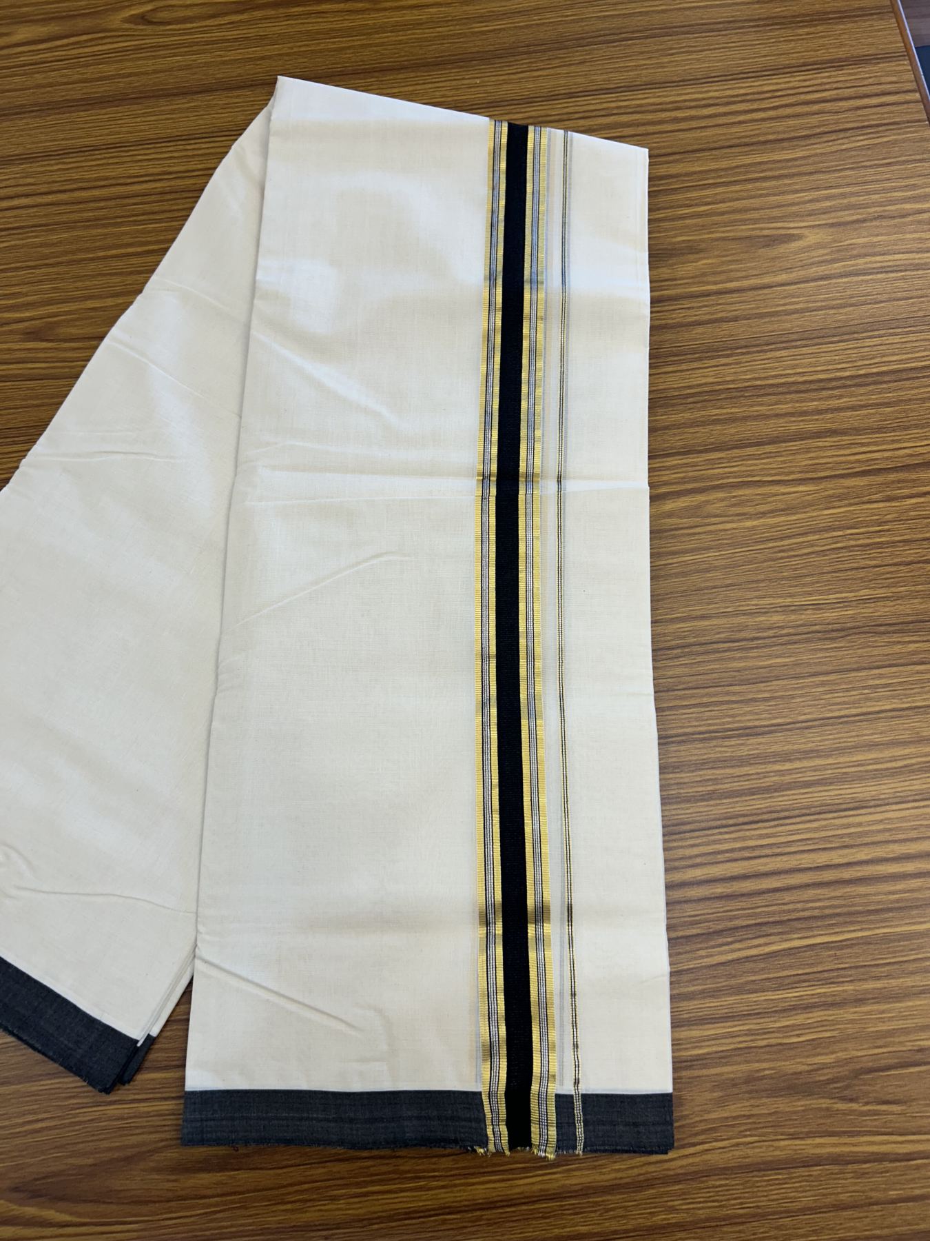 25% Discount ! Kaitharikada Handloom  Millpaav Balaramapuram - 100% Pure Cotton Off White - (Unbleached) Double Mundu/Dhoti - 80x90 - 1.75 inch Gold Kasav & Silver Kasav Black Striped Kara 4 mtr (8.5 Muzham) - 1 KK5320 RAM