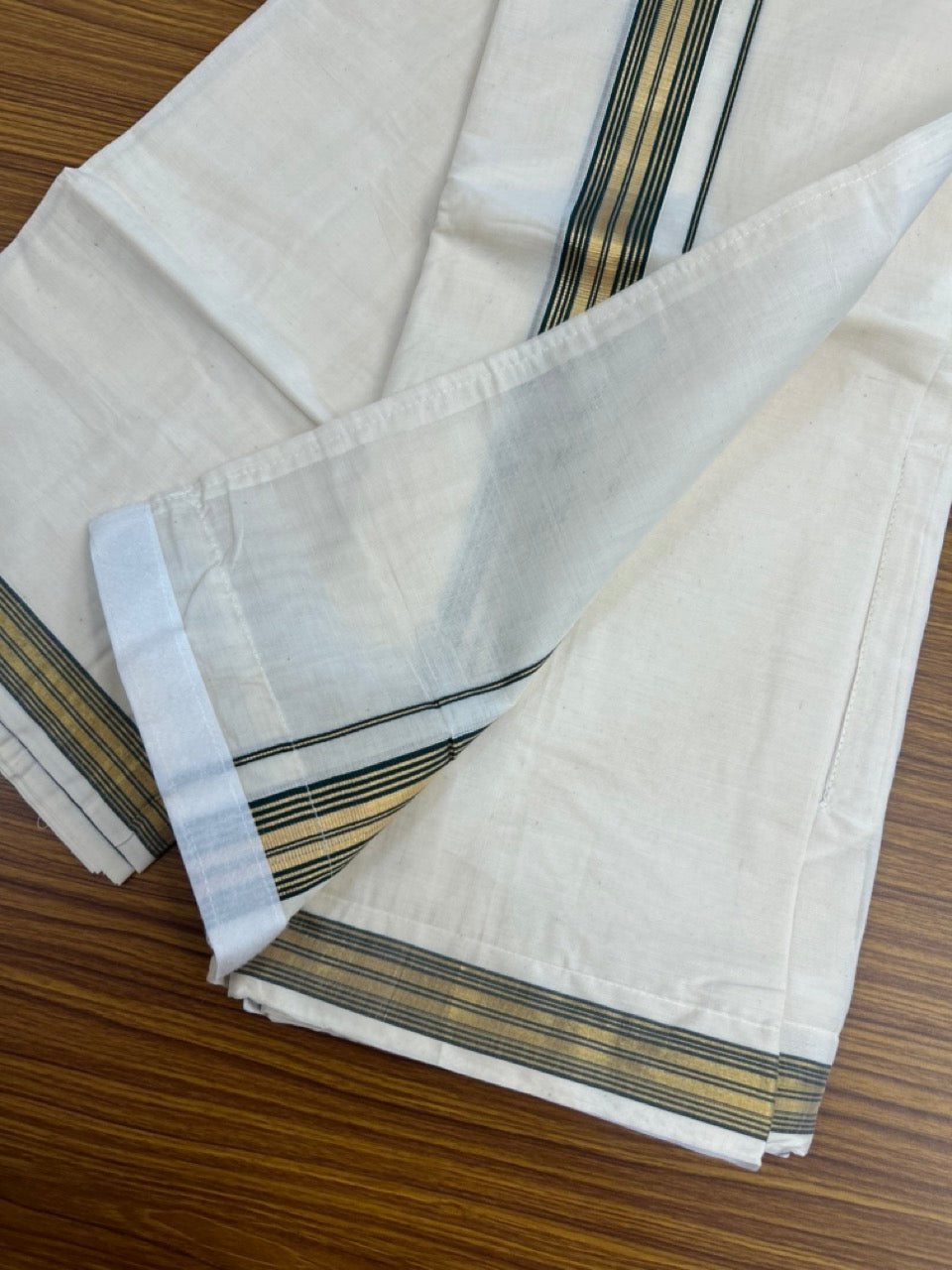 20% Discount ! KaithariKada Balaramapuram Mixed Cotton Double Off white - (Ubleached) Mundu/Dhoti  VELCRO Mundu/Dhoti  - (80s) -  1.25 inch Gold Kasavu & Green Striped kara 4mtr (8.5 muzham) -1 KK5284 PMC