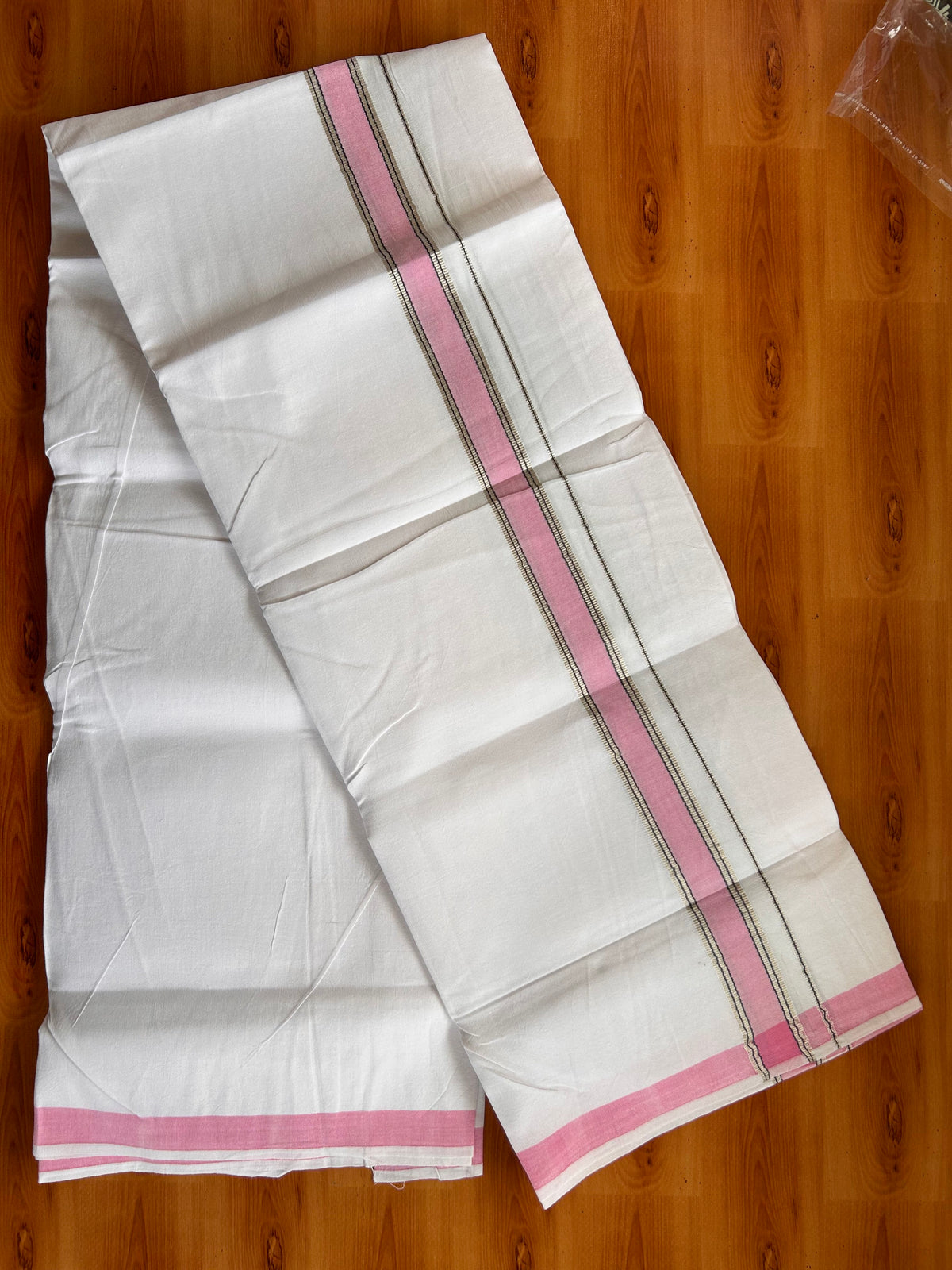 Single Pure White Mundu/Dhoti - 25% Discount ! KaithariKada Pulimood 100% Cotton Kerala Handloom - 1.25 inch Silver Kasav Pink & Blue Striped Kara (2 meter / 4 muzham) - 25 KK5534 KAI