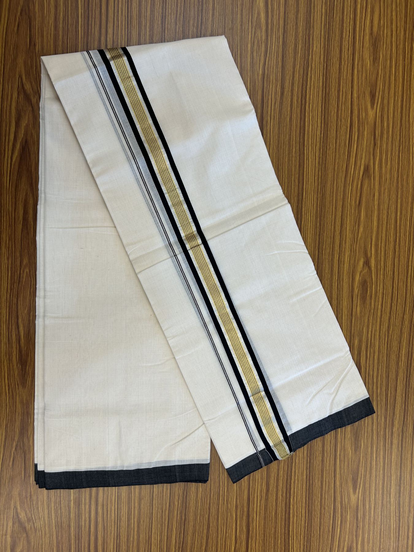 25% Discount ! Kaitharikada Handloom  Millpaav Balaramapuram - 100% Pure Cotton Off White - (Unbleached) Double Mundu/Dhoti - 80x90 - 1.75 inch Gold Kasav & Silver Kasav Black Striped Kara 4 mtr (8.5 Muzham) - 3 KK5320 RAM