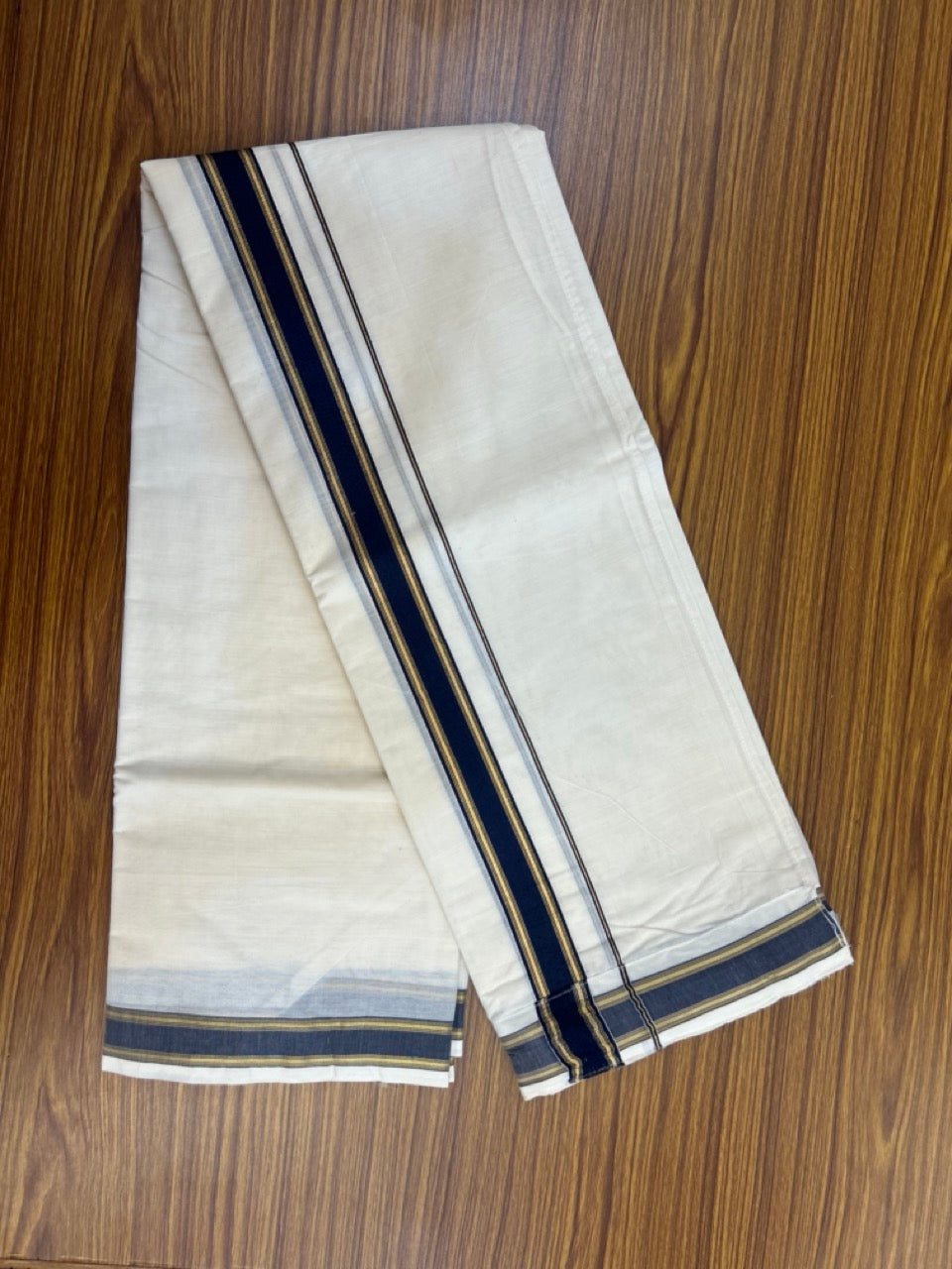 20% Discount ! KaithariKada Balaramapuram Mixed Cotton Double Off white - (Ubleached) Mundu/Dhoti  VELCRO Mundu/Dhoti  - (80s) -  1.25 inch Gold Kasavu & Blue Striped kara 4mtr (8.5 muzham) - 2 KK5284 PMC