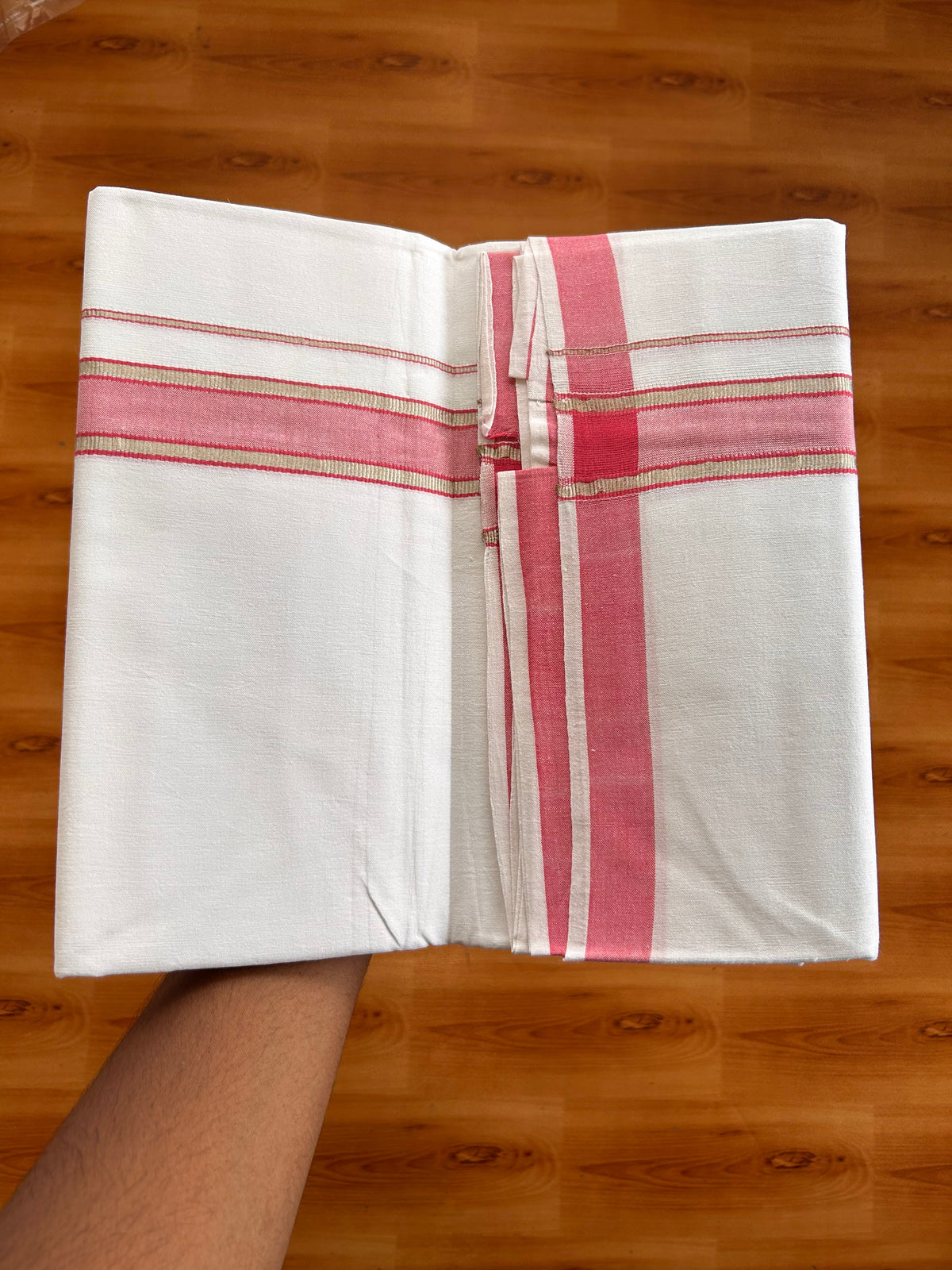 Single Pure White Mundu/Dhoti - 25% Discount ! KaithariKada Pulimood 100% Cotton Kerala Handloom - 1.5 inch Silver Kasav Pink Striped Kara (2 meter / 4 muzham) - 24 KK5534 KAI