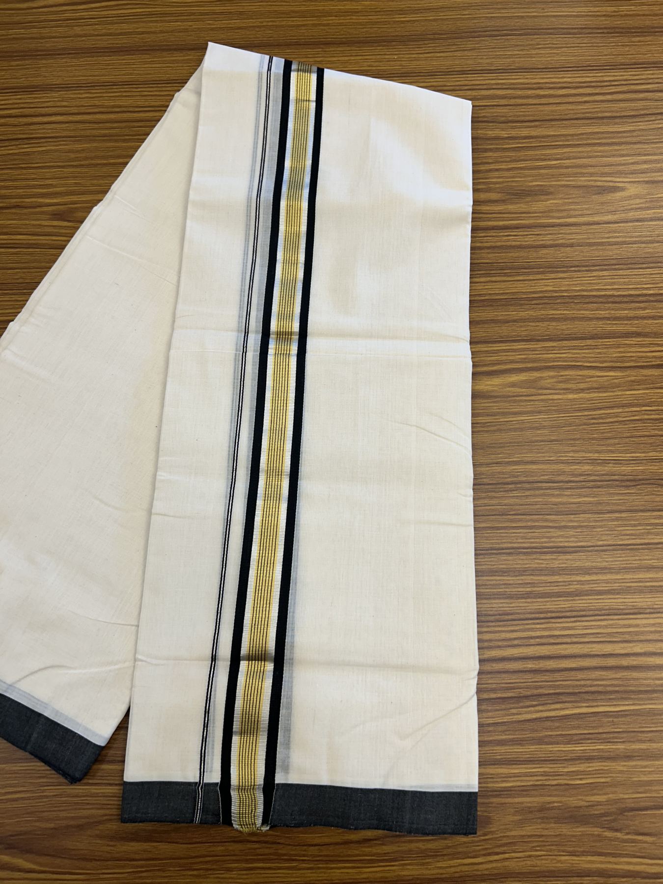 25% Discount ! Kaitharikada Handloom  Millpaav Balaramapuram - 100% Pure Cotton Off White - (Unbleached) Double Mundu/Dhoti - 80x90 - 1.75 inch Gold Kasav & Silver Kasav Black Striped Kara 4 mtr (8.5 Muzham) - 3 KK5320 RAM
