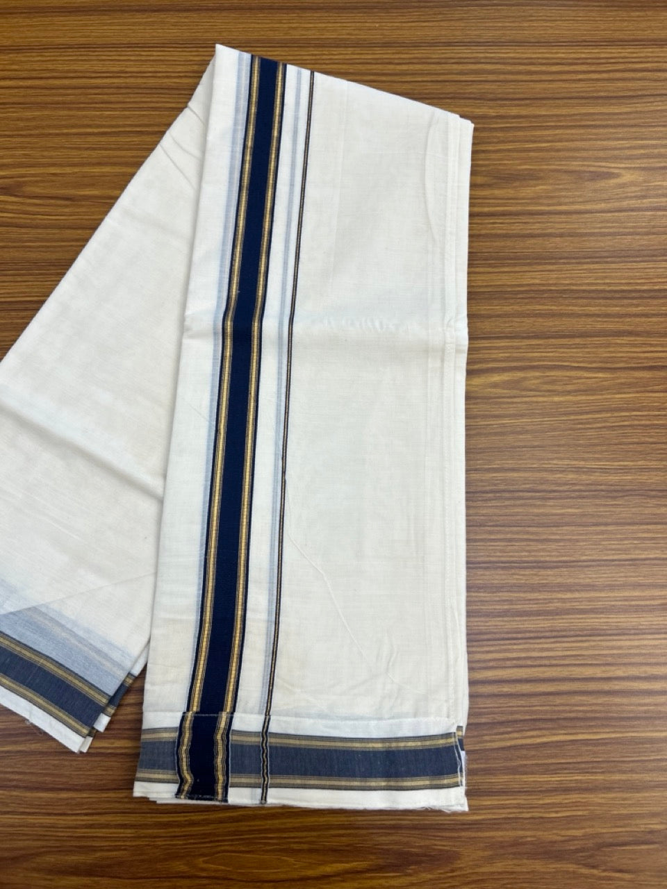 20% Discount ! KaithariKada Balaramapuram Mixed Cotton Double Off white - (Ubleached) Mundu/Dhoti  VELCRO Mundu/Dhoti  - (80s) -  1.25 inch Gold Kasavu & Blue Striped kara 4mtr (8.5 muzham) - 2 KK5284 PMC