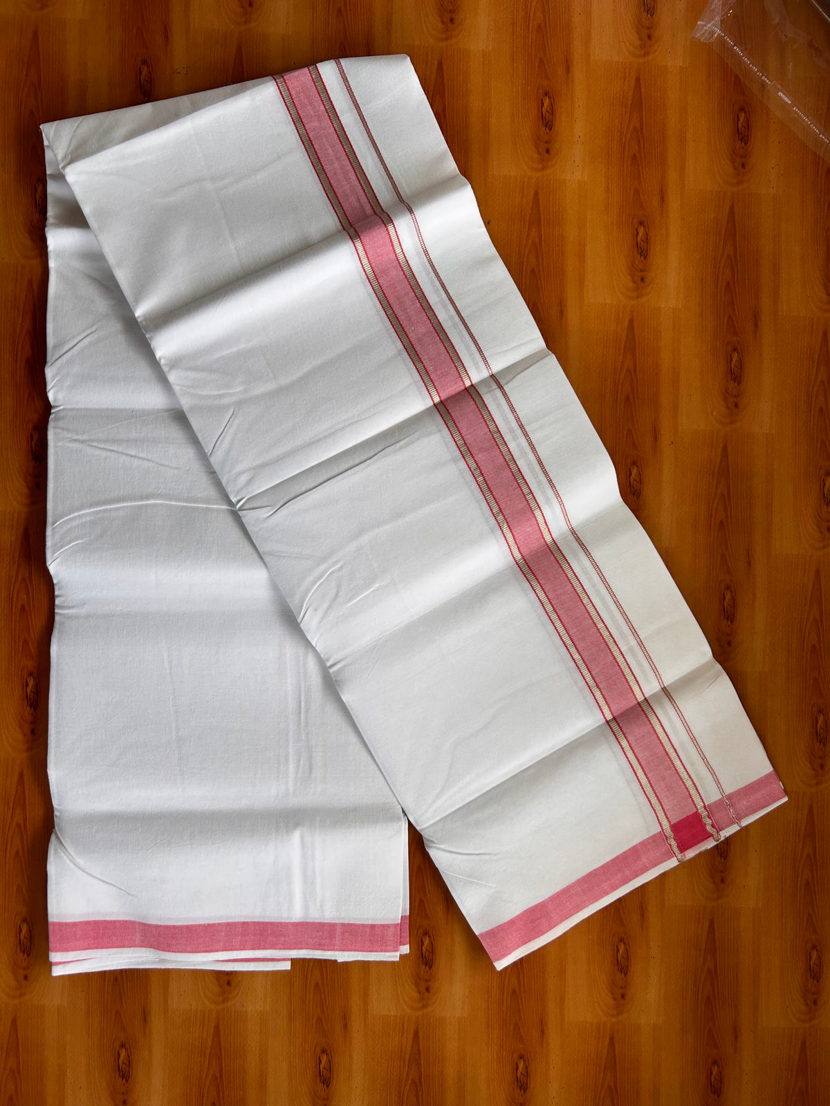 Single Pure White Mundu/Dhoti - 25% Discount ! KaithariKada Pulimood 100% Cotton Kerala Handloom - 1.5 inch Silver Kasav Pink Striped Kara (2 meter / 4 muzham) - 24 KK5534 KAI
