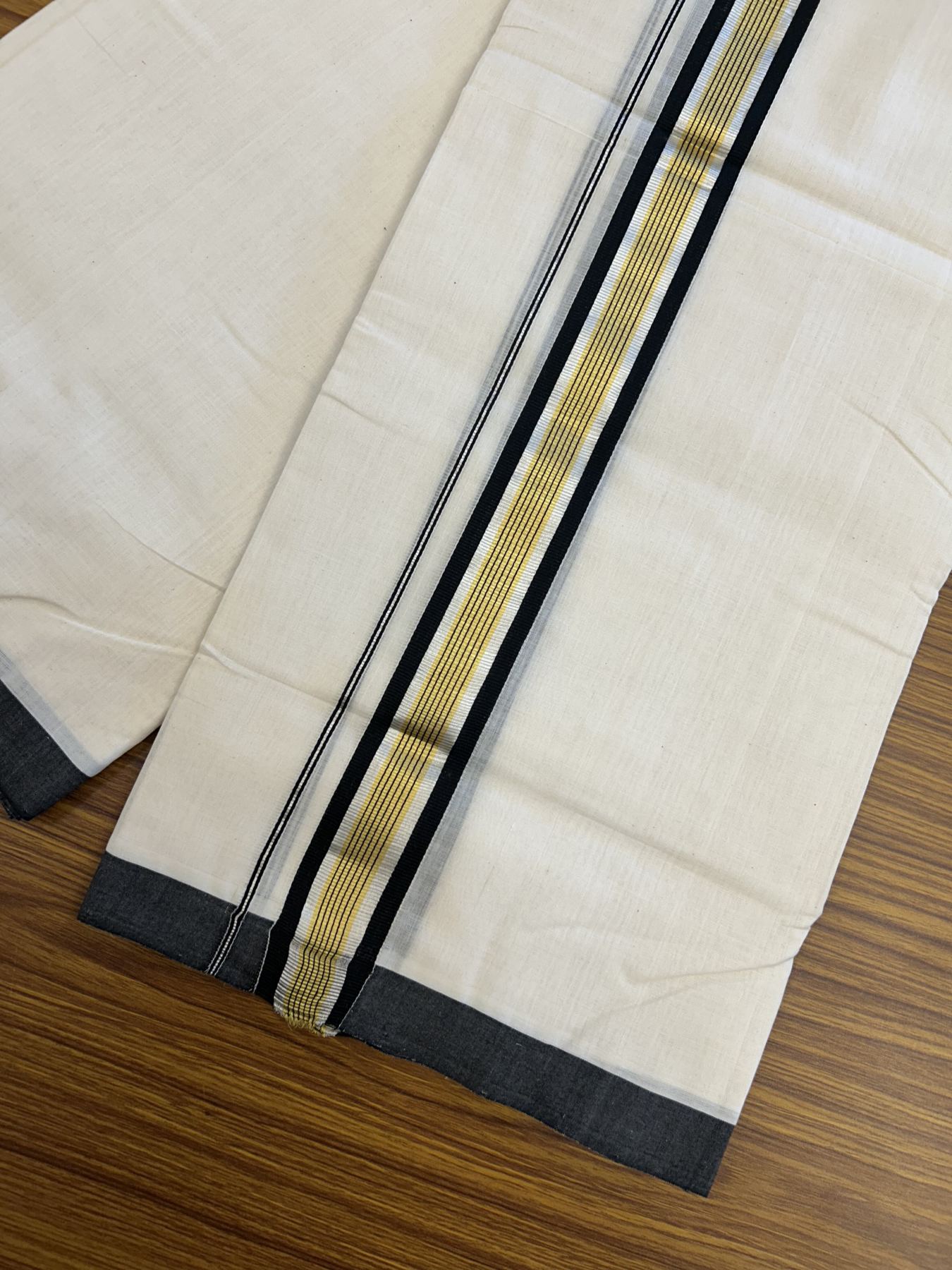 25% Discount ! Kaitharikada Handloom  Millpaav Balaramapuram - 100% Pure Cotton Off White - (Unbleached) Double Mundu/Dhoti - 80x90 - 1.75 inch Gold Kasav & Silver Kasav Black Striped Kara 4 mtr (8.5 Muzham) - 3 KK5320 RAM